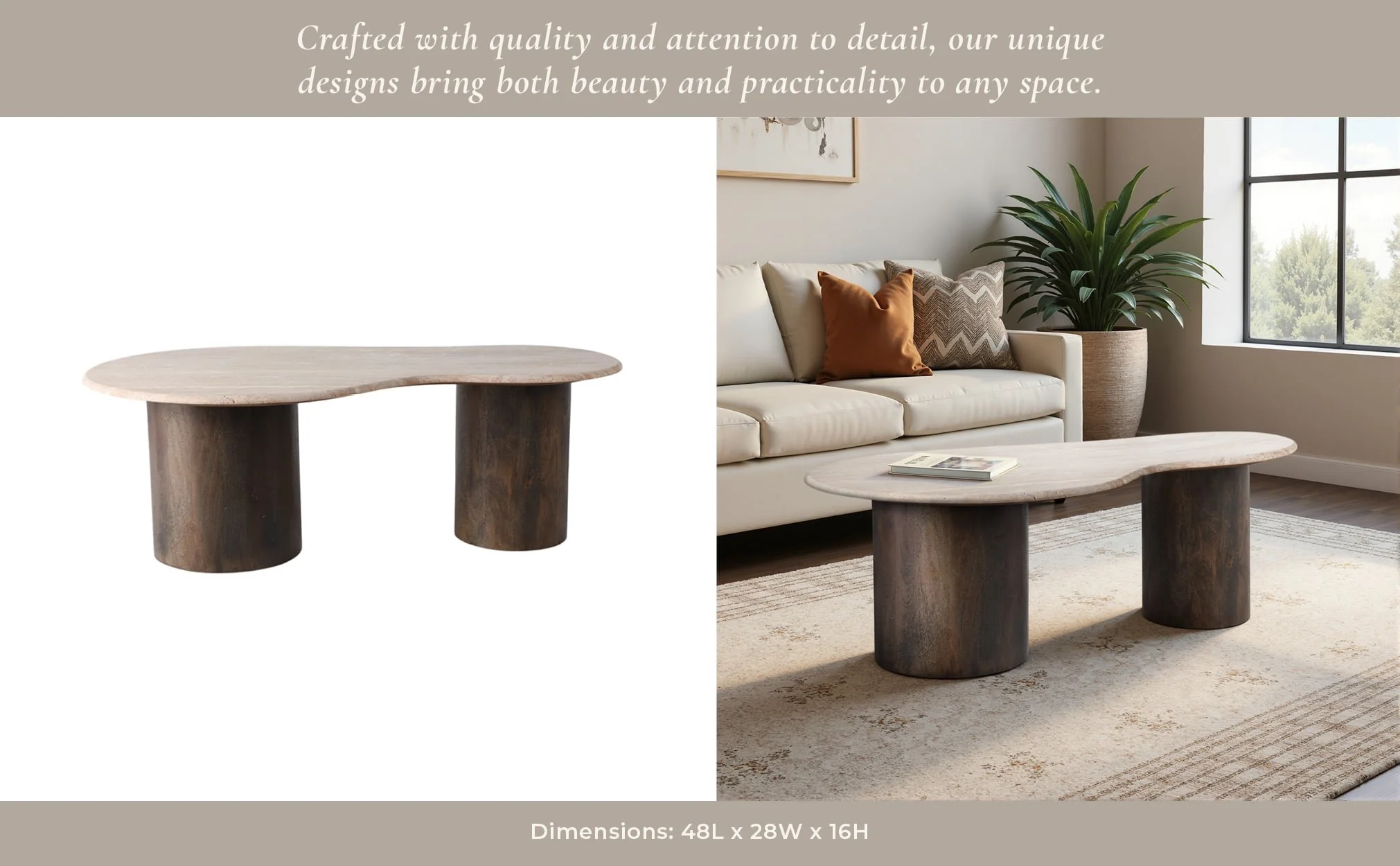 48x16 Curvy Travertine Top Coffee Table, Bwn 2bxs - Image 12