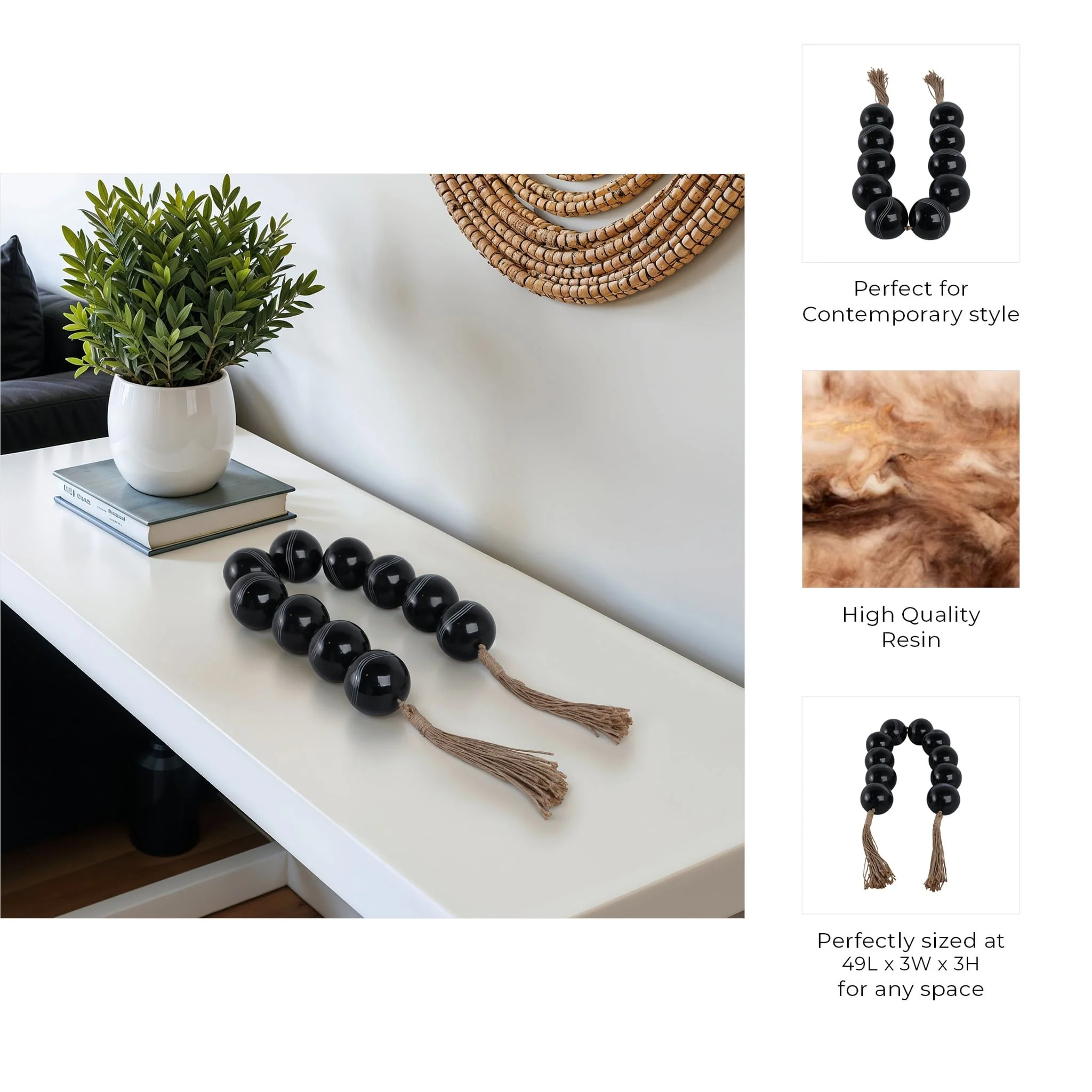 49x3" Carved Bead Garland, Black - Image 8
