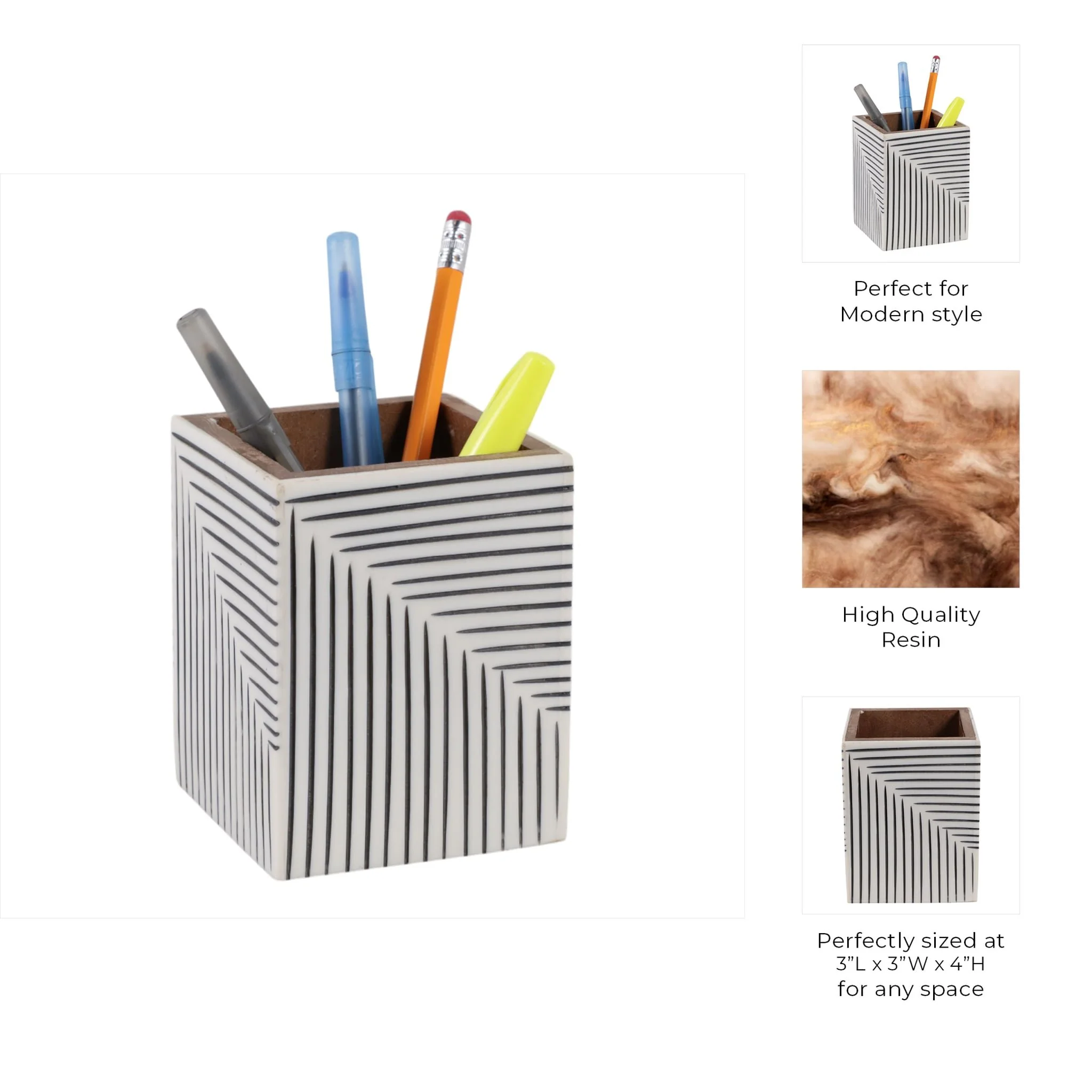 4x3" Ridged Lines Resin Pencil Cup, Black/white - Image 9