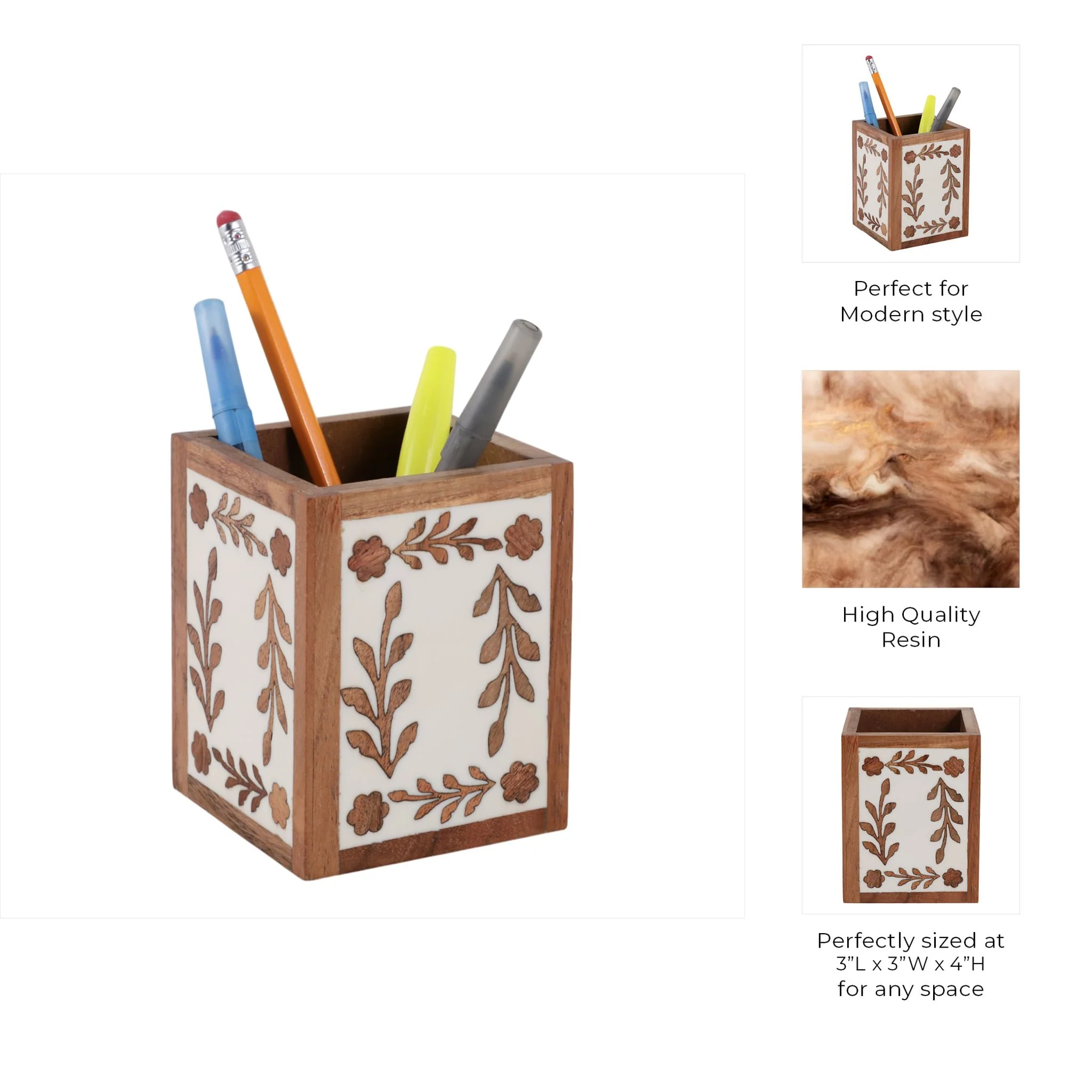 4x3" Wood Petals Resin Pencil Cup, Brown/white - Image 9