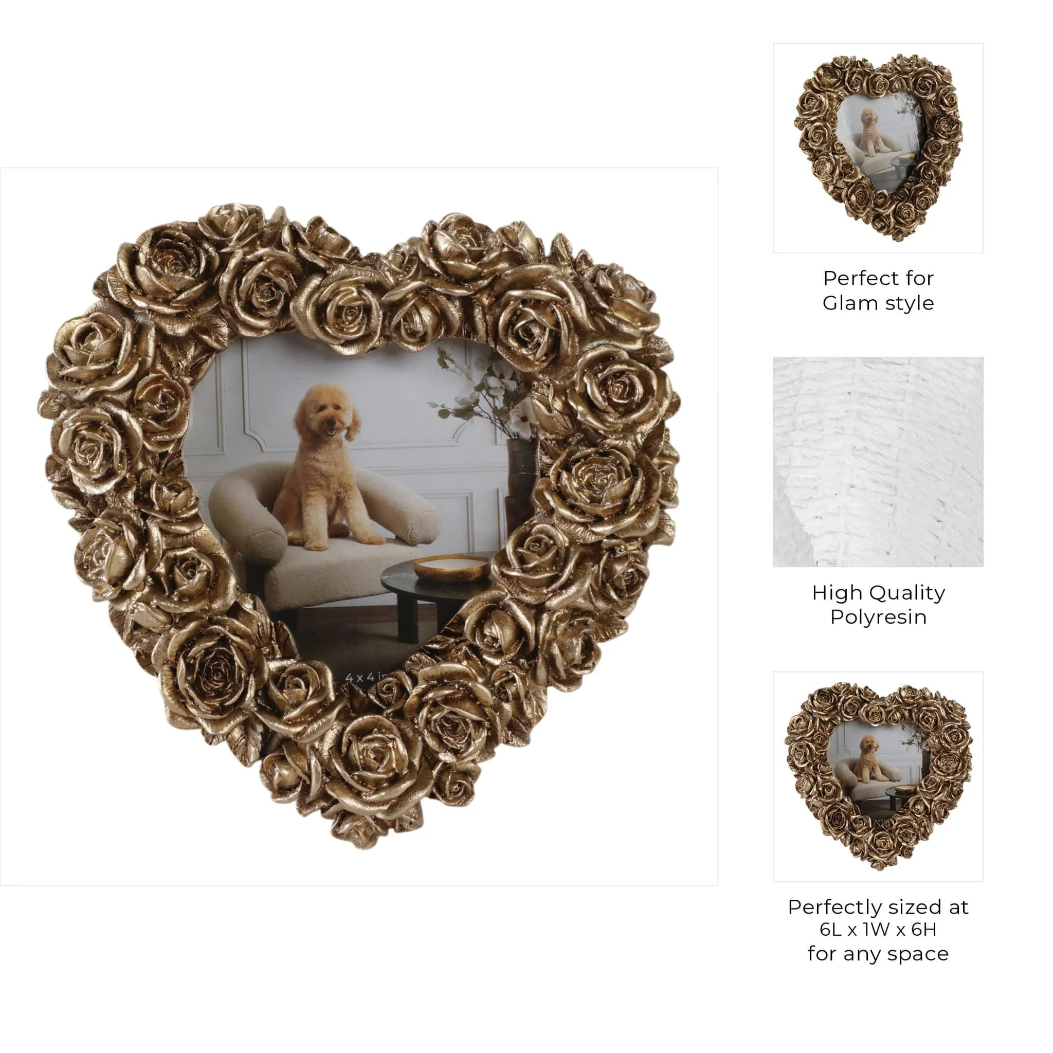 4x4 Rosette Heart Photo Frame, Gold - Image 8