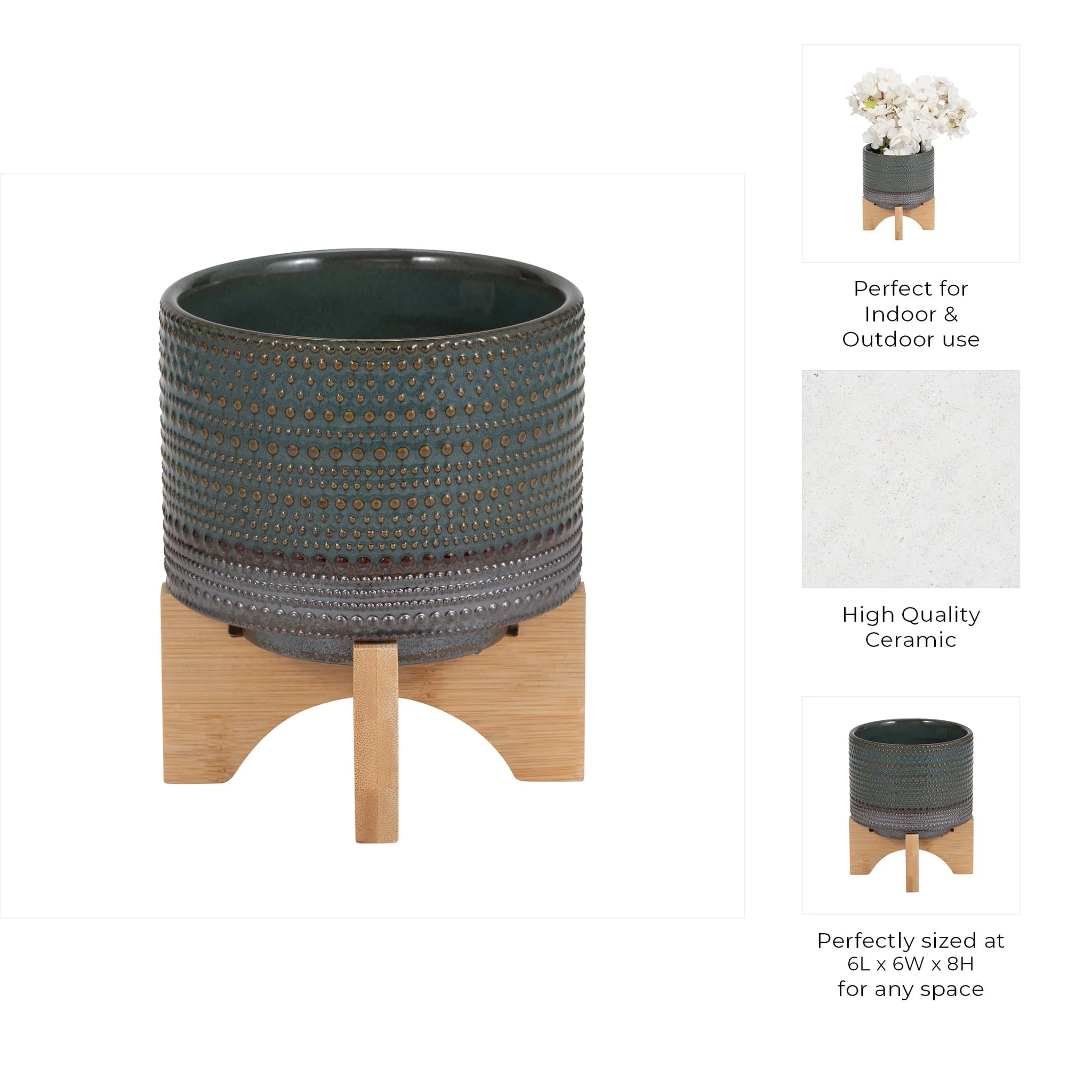 5" Dotted Planter W/ Wood Stand, Green - Image 10