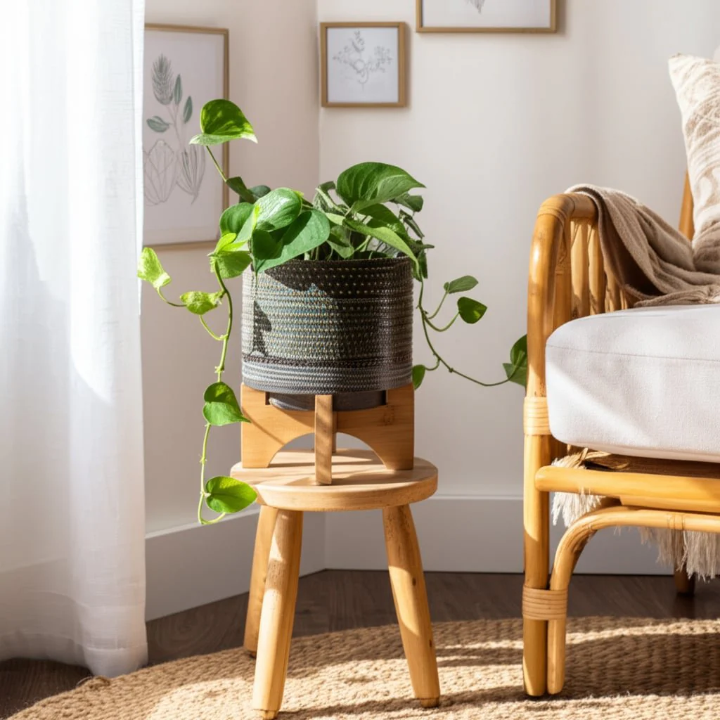 5" Dotted Planter W/ Wood Stand, Green - Image 13