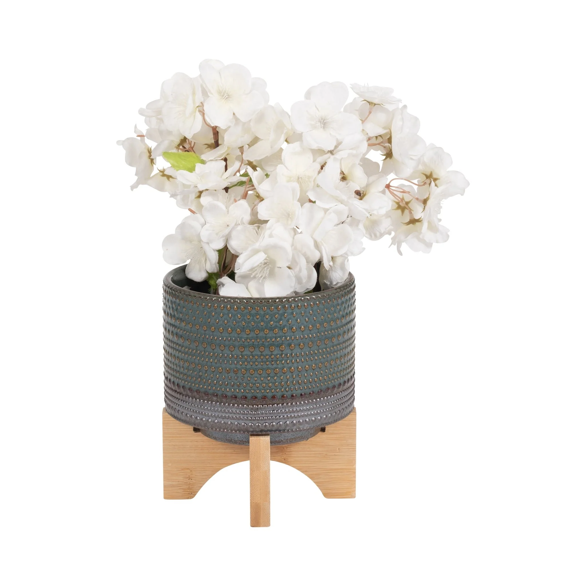 5" Dotted Planter W/ Wood Stand, Green - Image 2