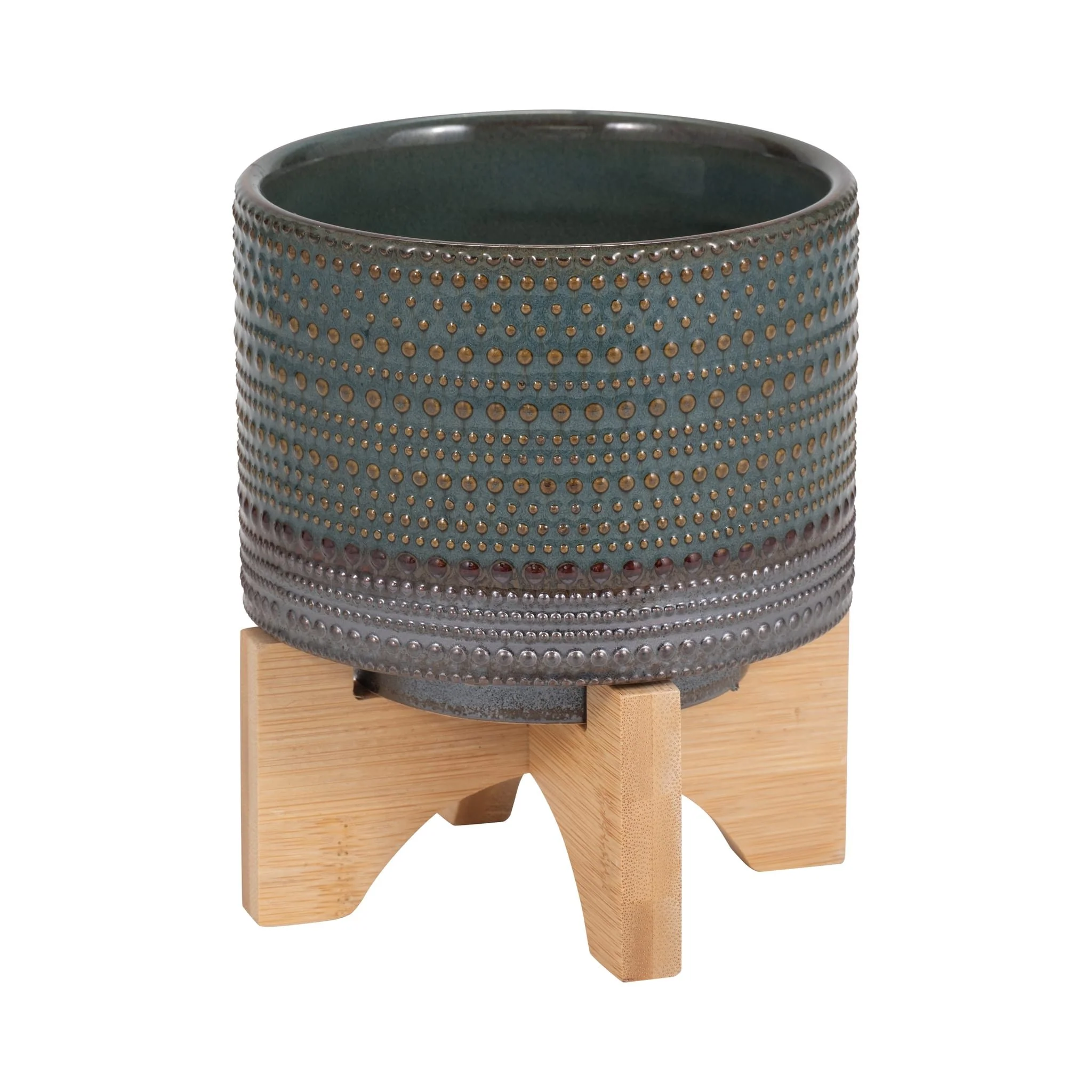 5" Dotted Planter W/ Wood Stand, Green - Image 3