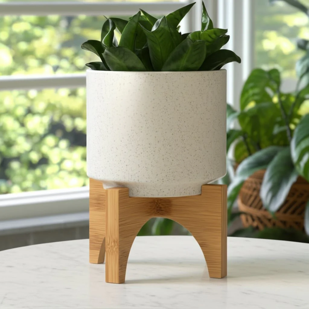 5" Planter W/ Wood Stand, Matte Beige - Image 11