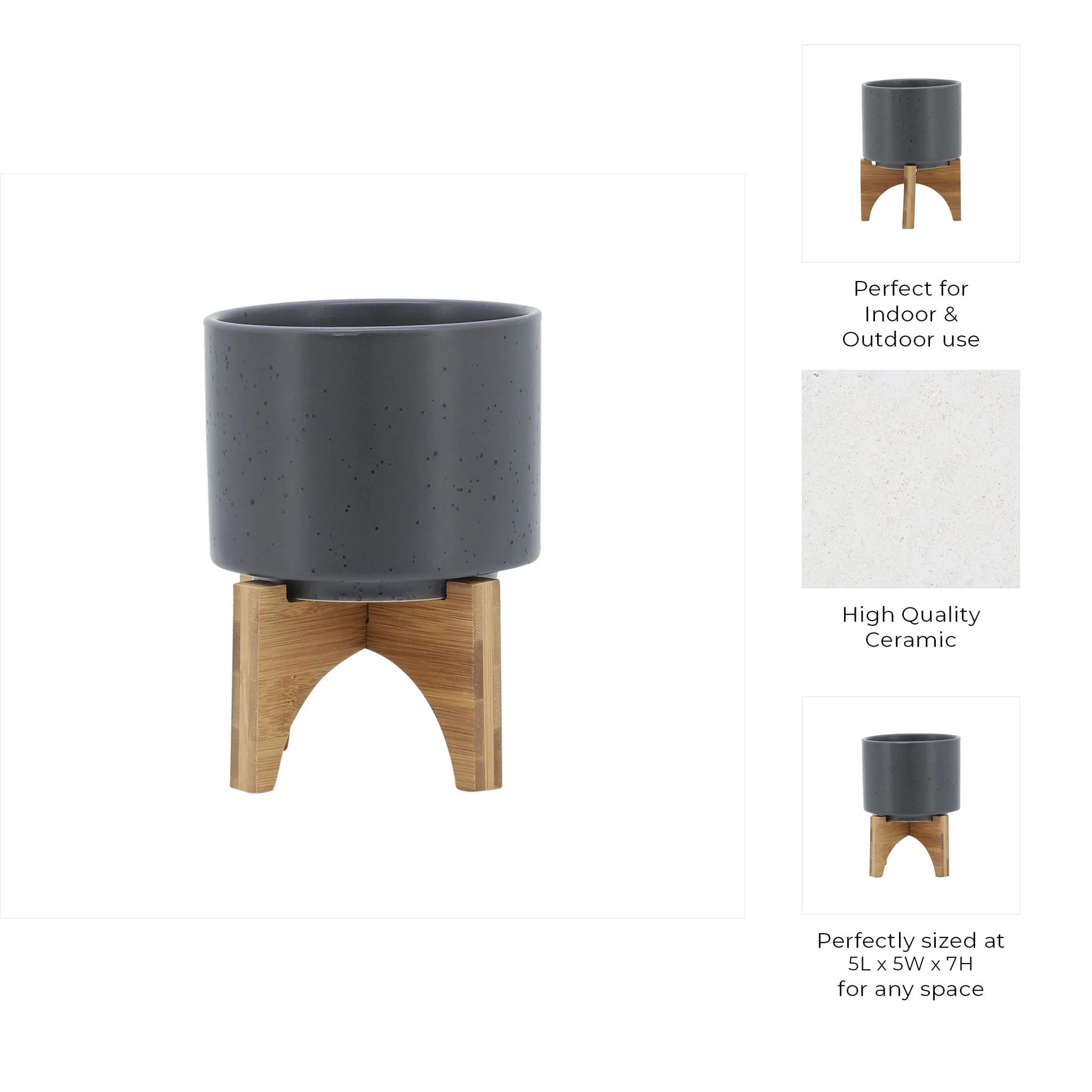 5" Planter W/ Wood Stand, Matte Gray - Image 10