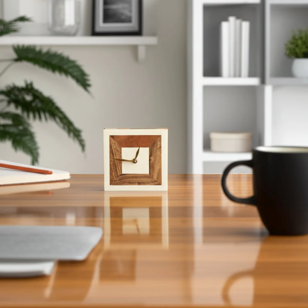 5" Square Resin Clock With Wood Inlay, Ivory/natur - Image 5