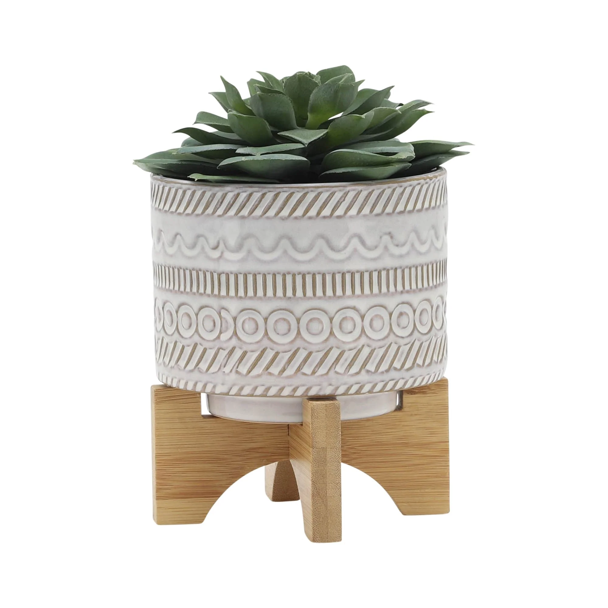 5" Tribal Planter W/ Wood Stand, Beige - Image 3