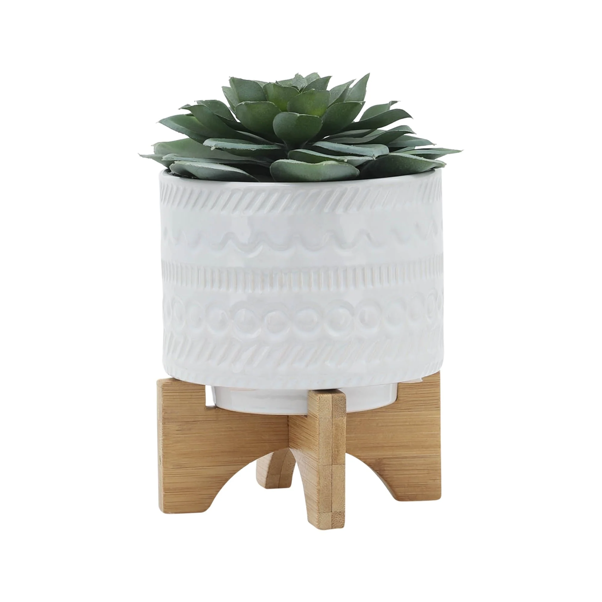 5" Tribal Planter W/ Wood Stand, White - Image 3