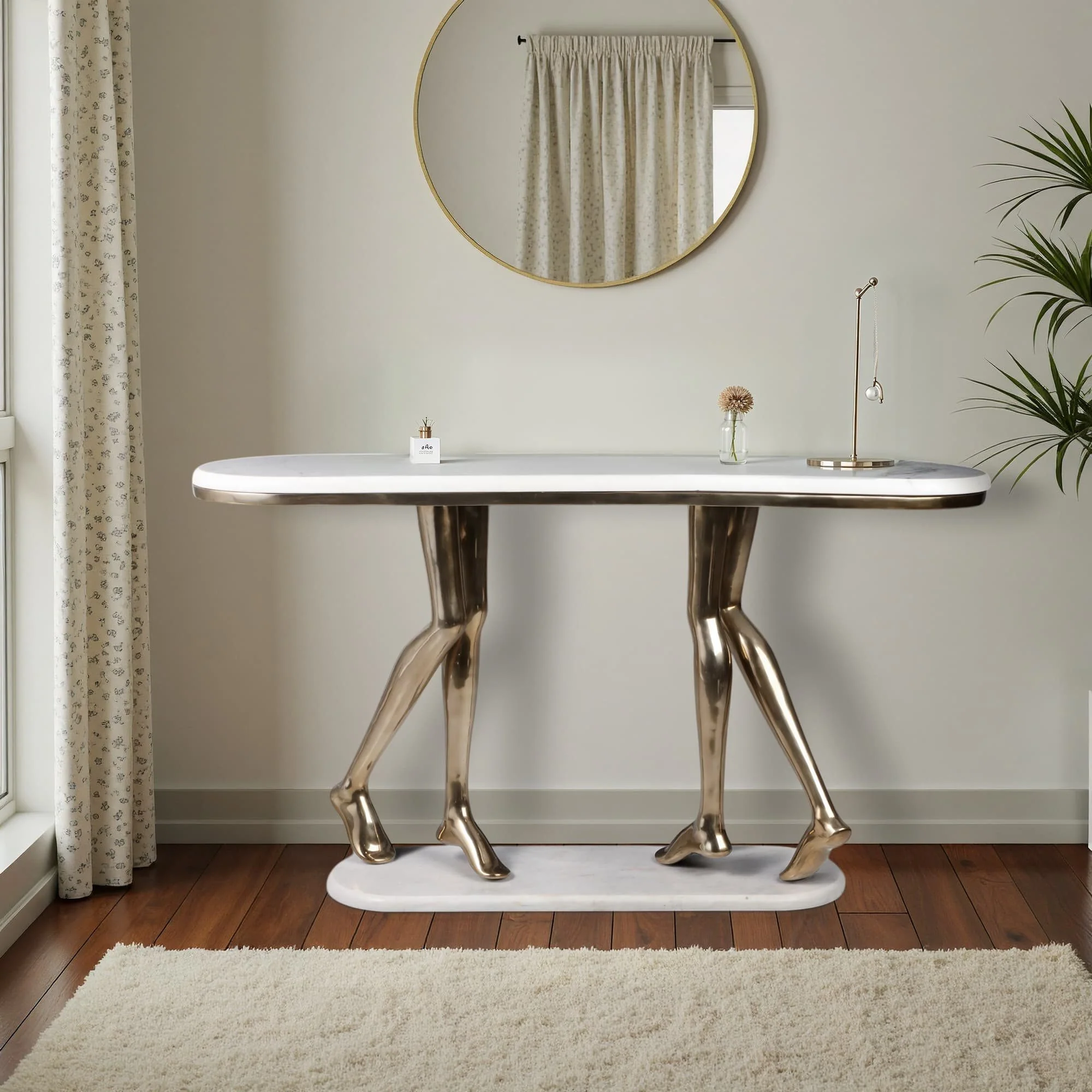 55" Console Table Polished Deep Metal W/marble Wht - Image 9