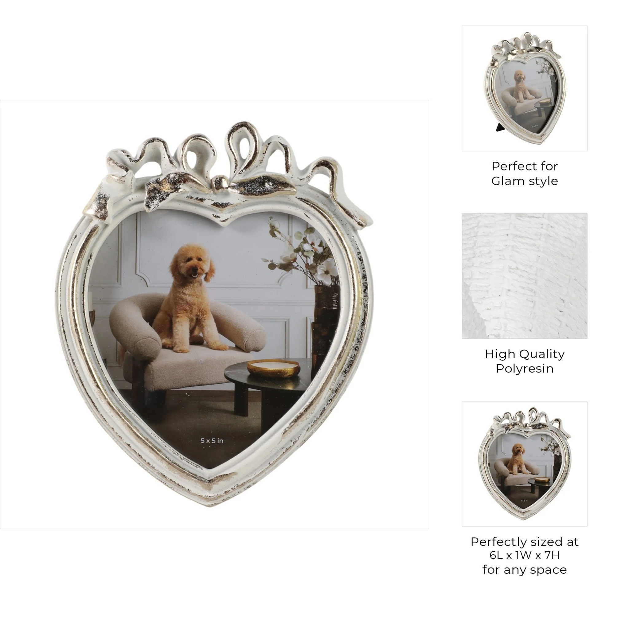 5x5 Heart Photo Frame With Bow, Ivory/gold - Image 8