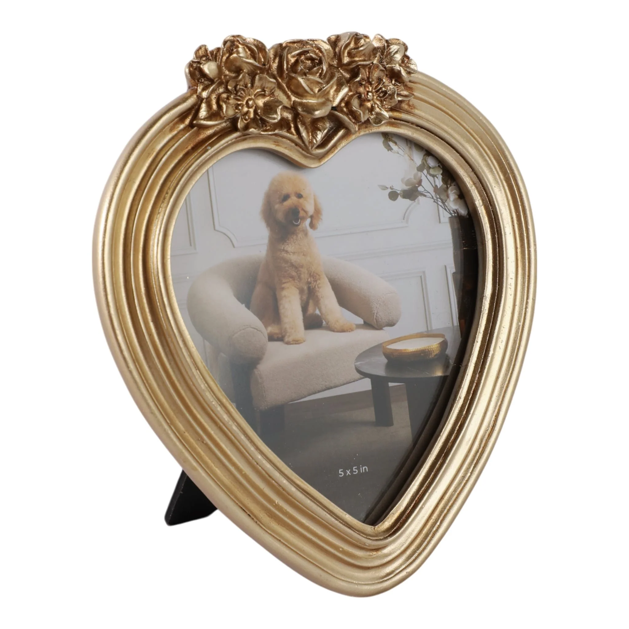 5x5 Heart Photo Frame With Roses, Gold - Image 2