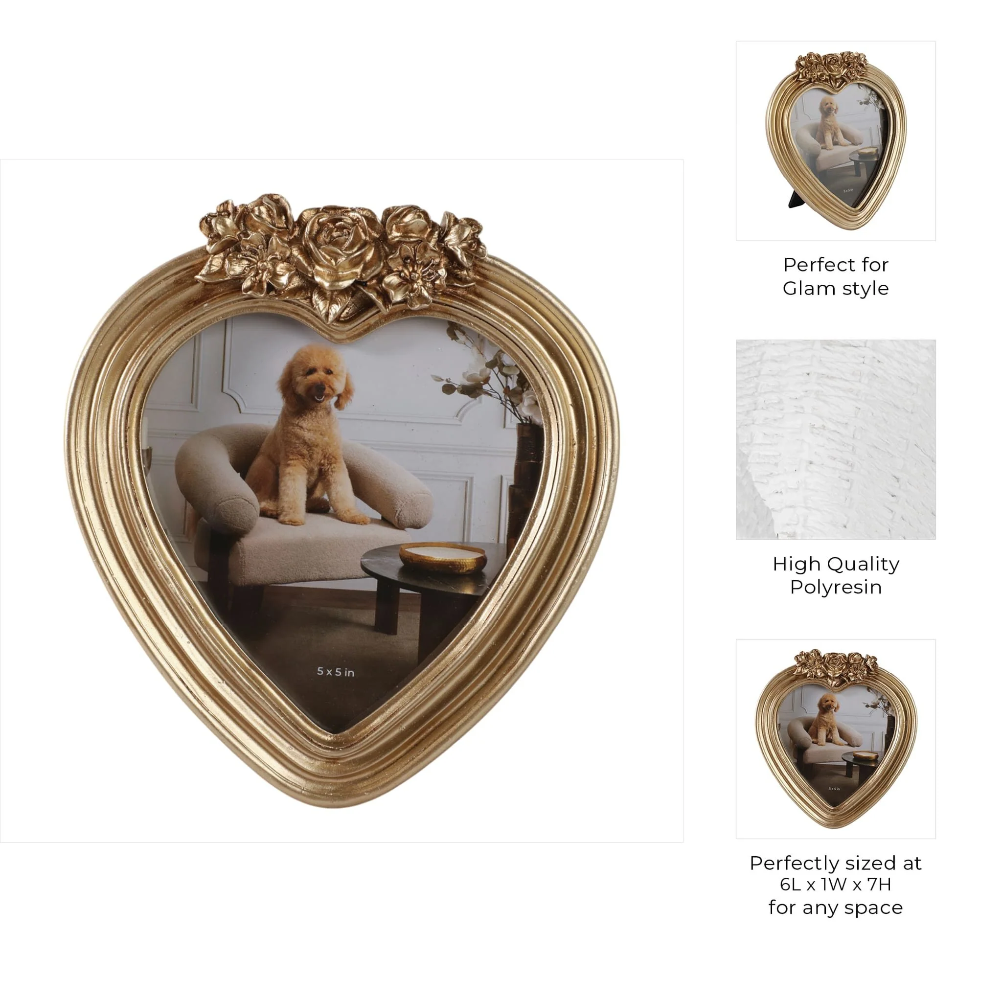 5x5 Heart Photo Frame With Roses, Gold - Image 8