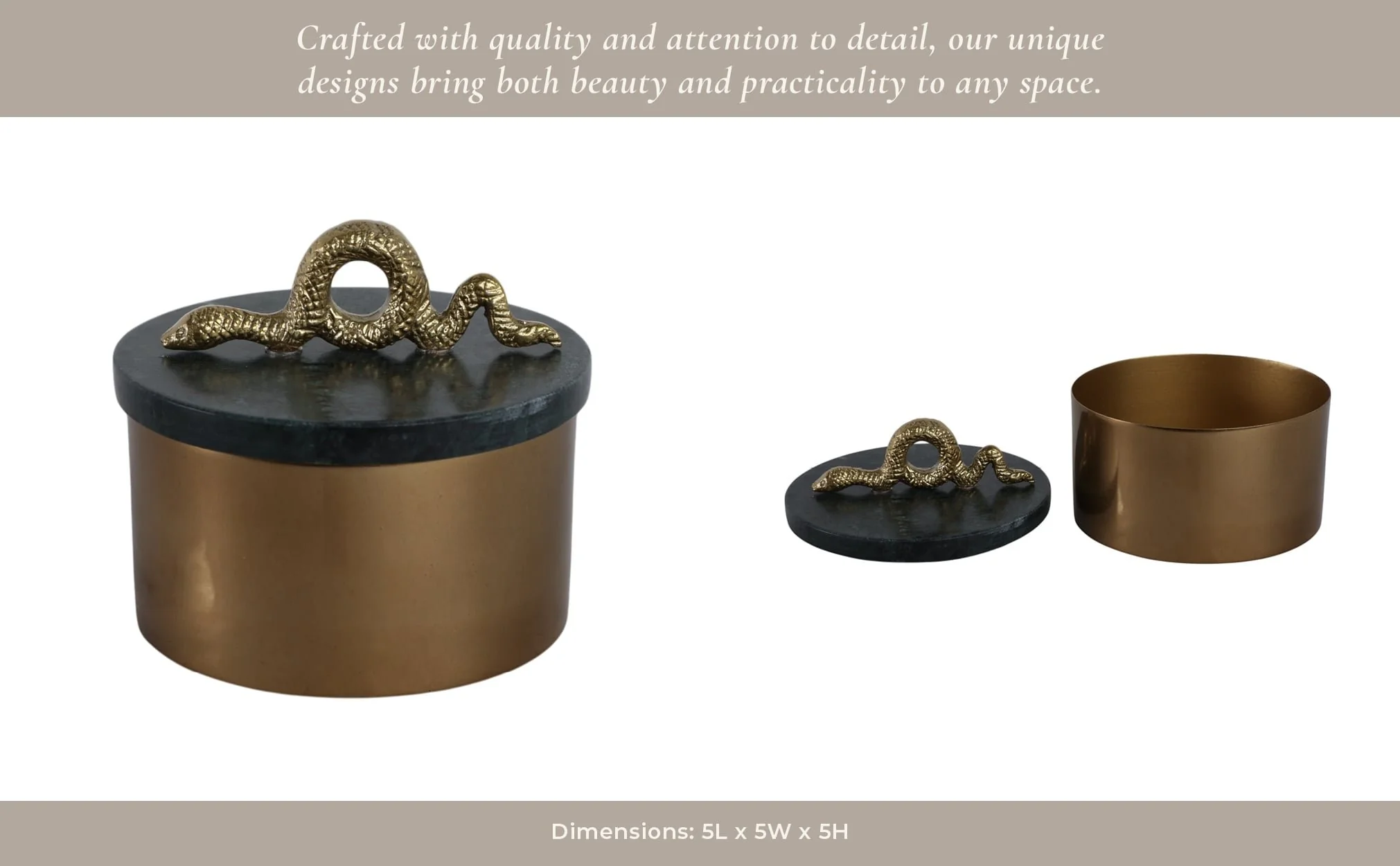 5x5" Round Marble & Metal Box With Snake, Green/go - Image 4