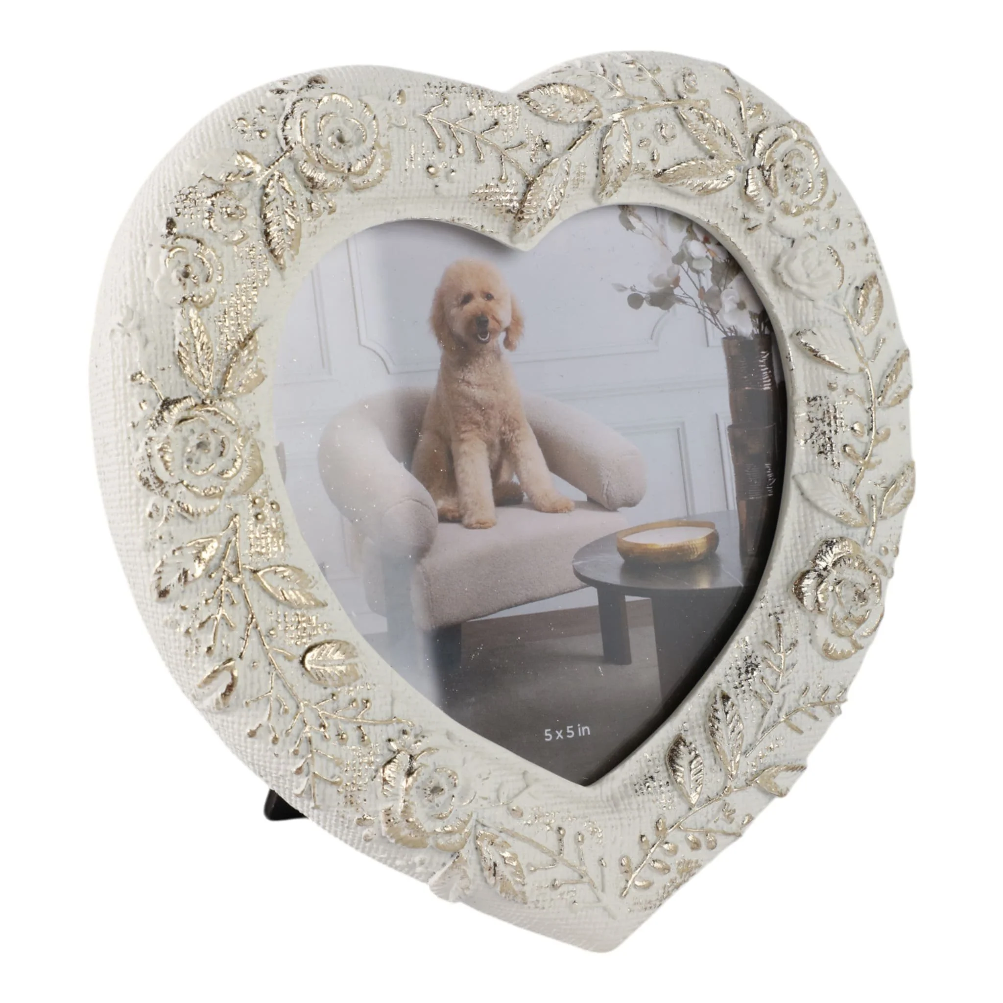 5x5 Stitched Border Heart Photo Frame, Ivory/gold - Image 2