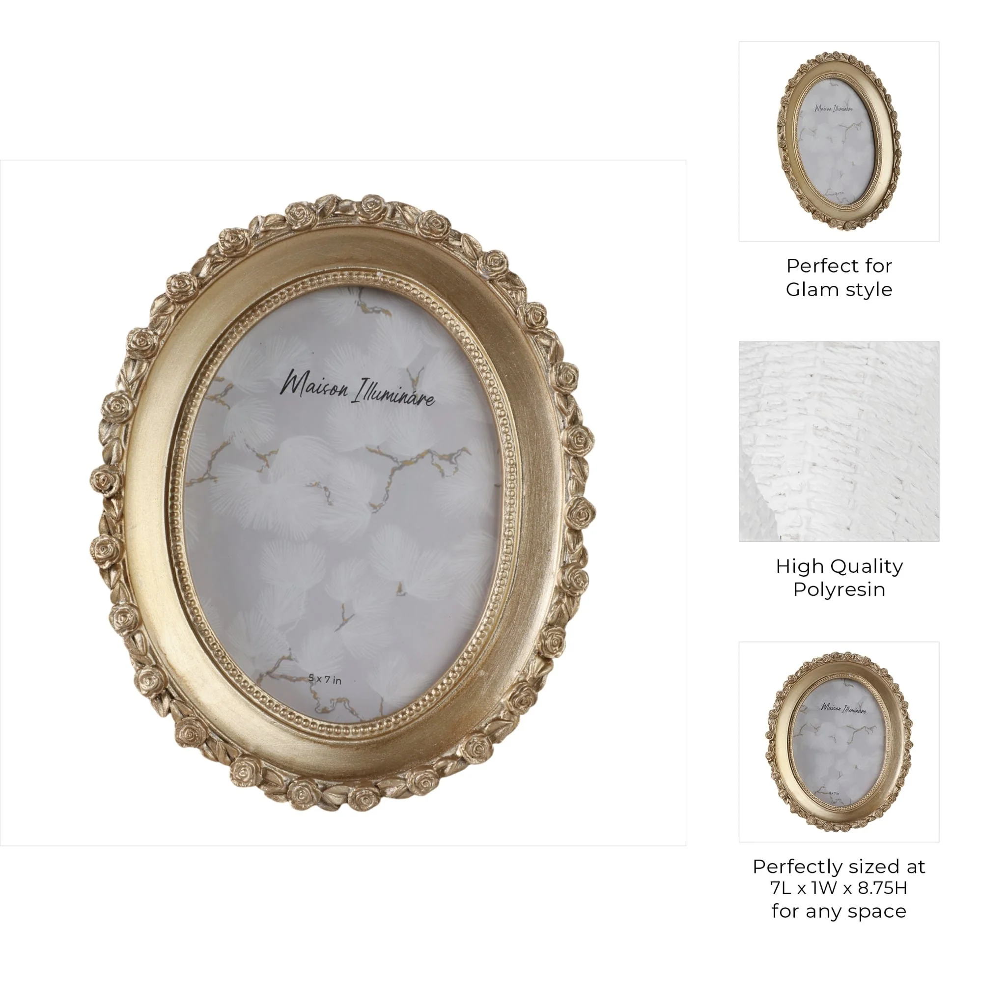5x7 Oval Photo Frame With Rosette Border, Gold - Image 8