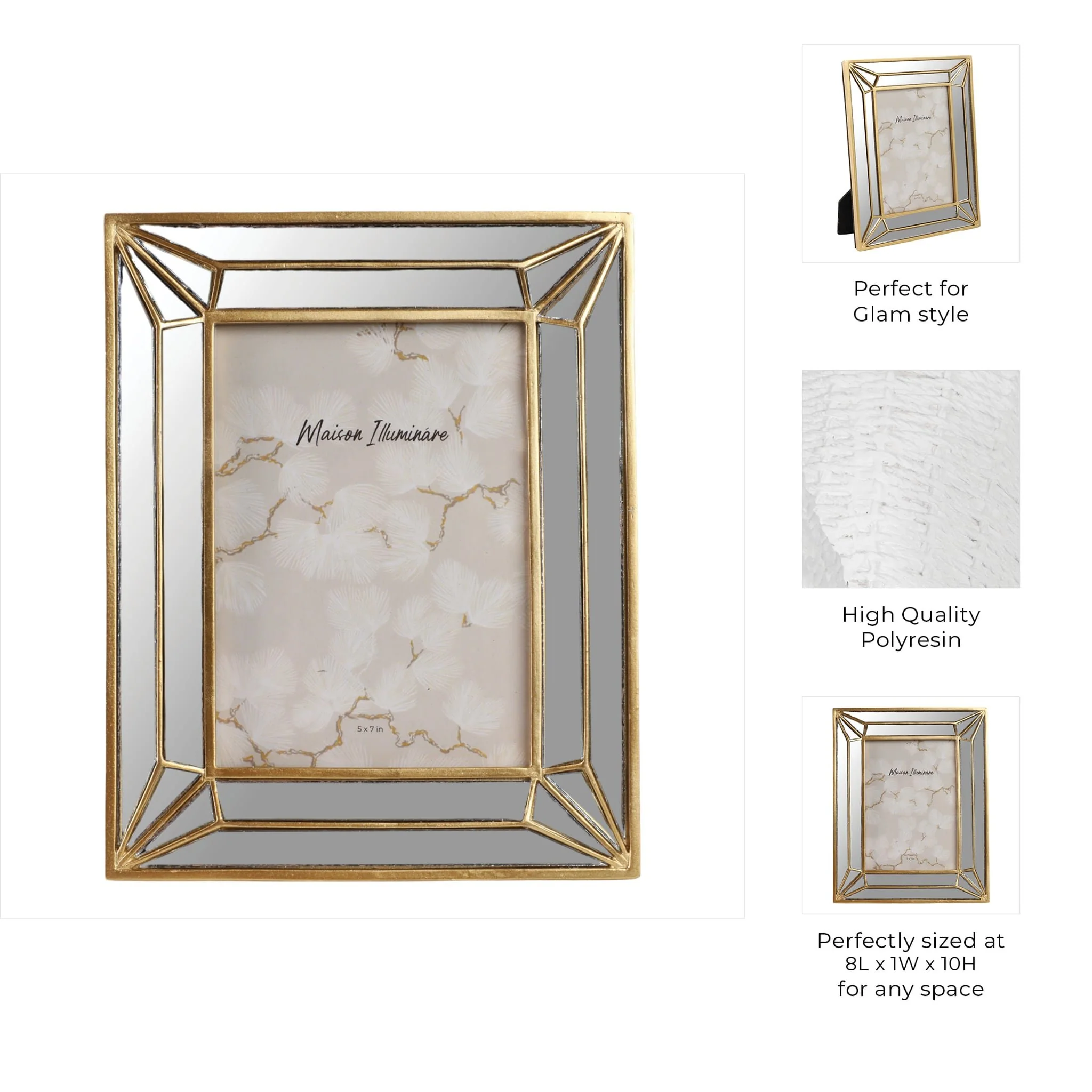 5x7 Resin Deco Mirrored Border Photo Frame, Gold - Image 8