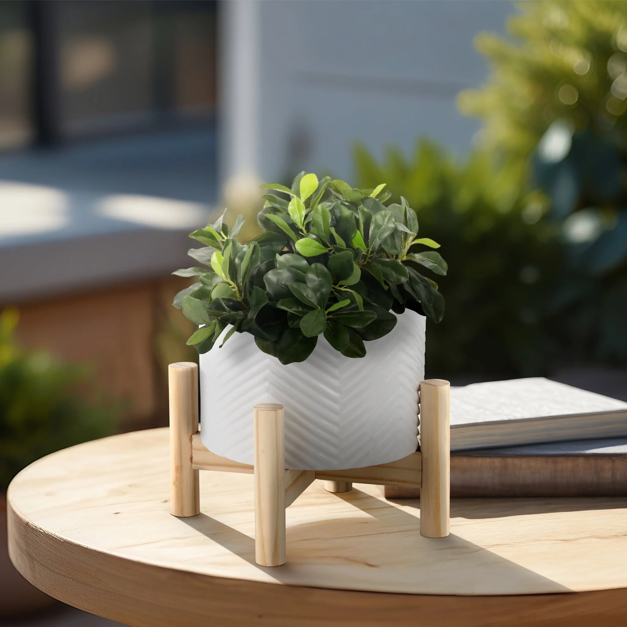 6" Ceramic Chevron Planter W/ Wood Stand, White - Image 10