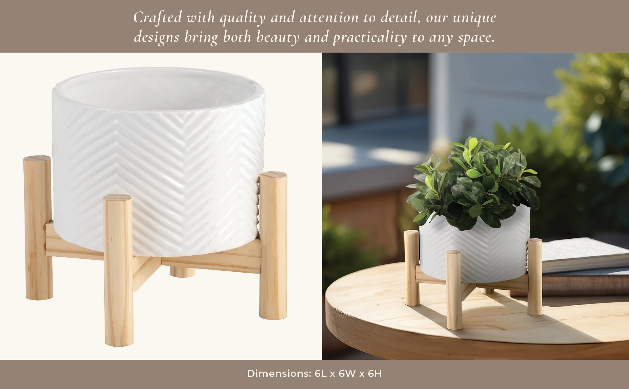 6" Ceramic Chevron Planter W/ Wood Stand, White - Image 11