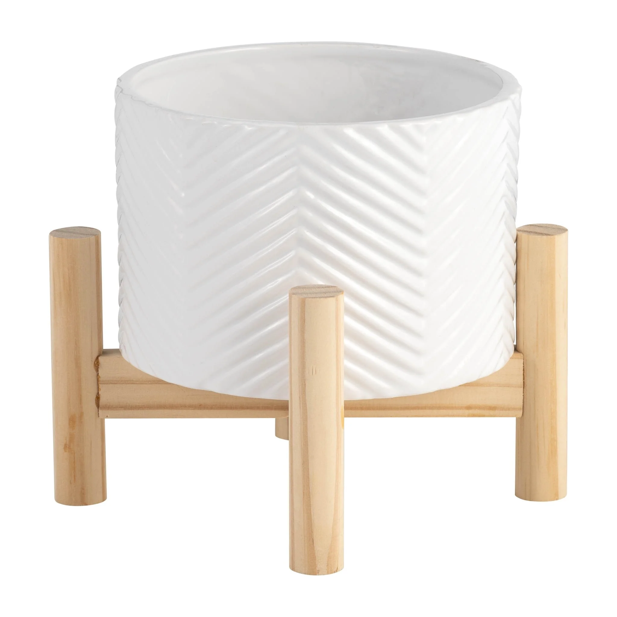6" Ceramic Chevron Planter W/ Wood Stand, White - Image 3