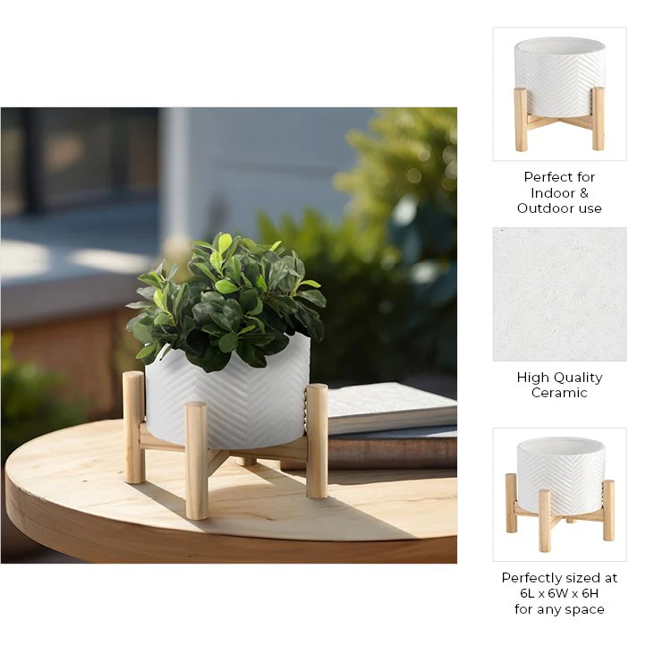 6" Ceramic Chevron Planter W/ Wood Stand, White - Image 9