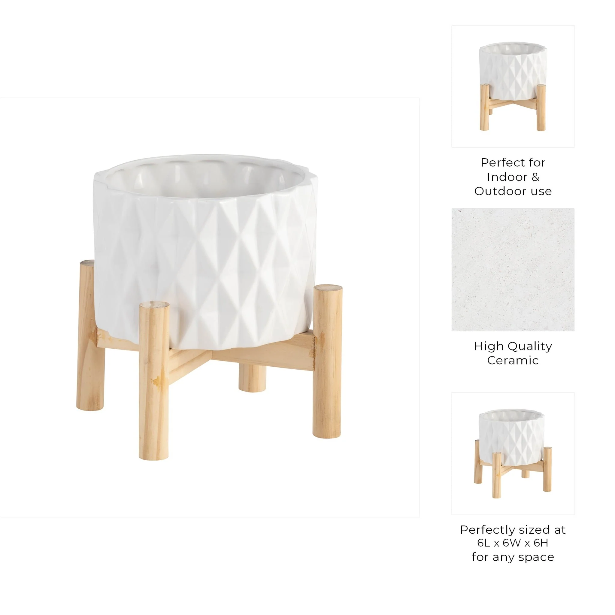 6" Ceramic Diamond Planter W/ Wood Stand, White - Image 10