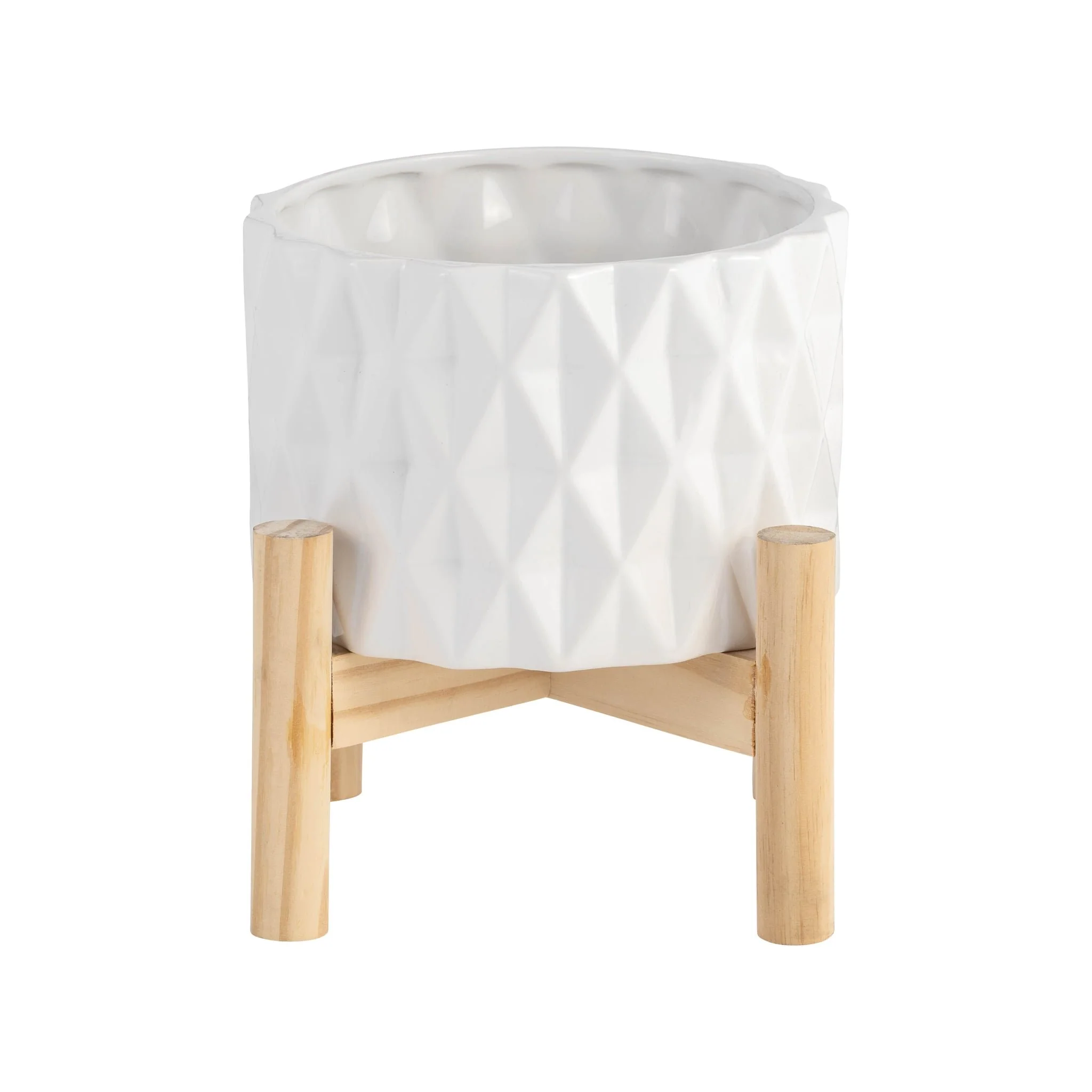 6" Ceramic Diamond Planter W/ Wood Stand, White - Image 2