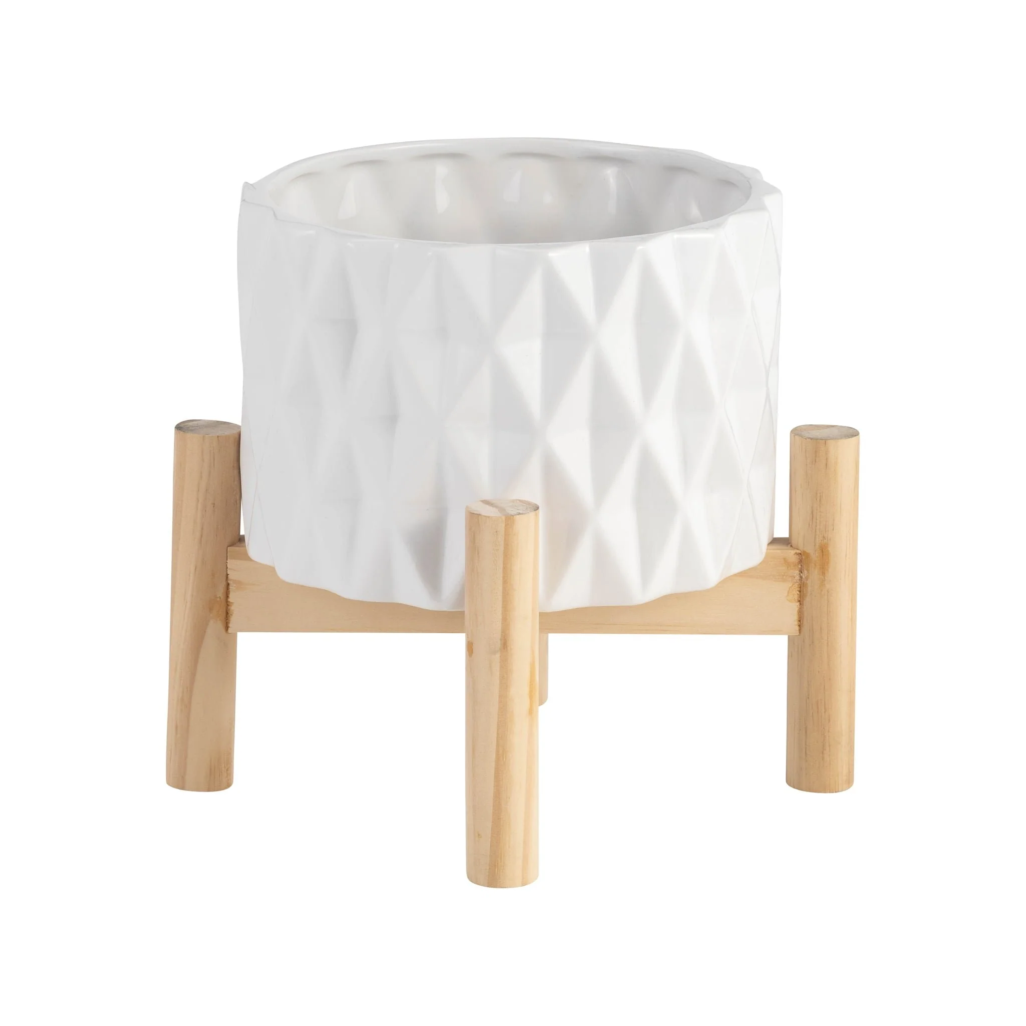 6" Ceramic Diamond Planter W/ Wood Stand, White - Image 3