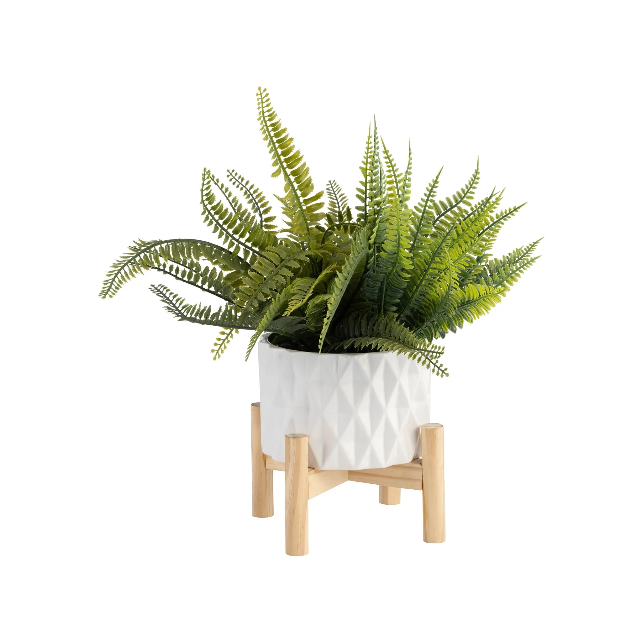 6" Ceramic Diamond Planter W/ Wood Stand, White - Image 4