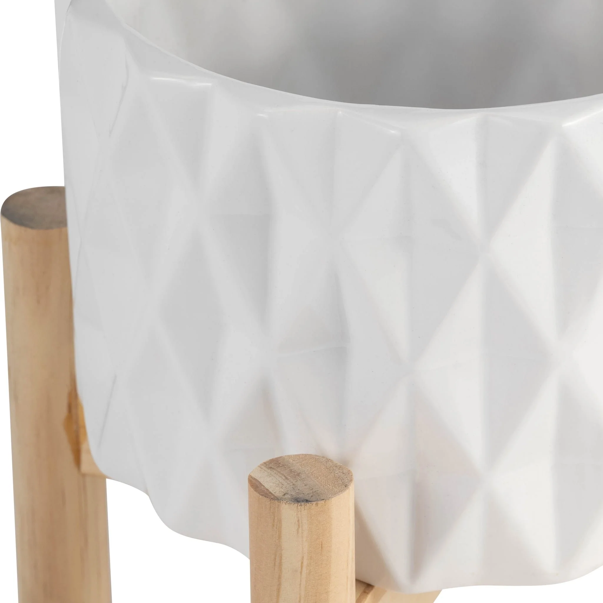 6" Ceramic Diamond Planter W/ Wood Stand, White - Image 7