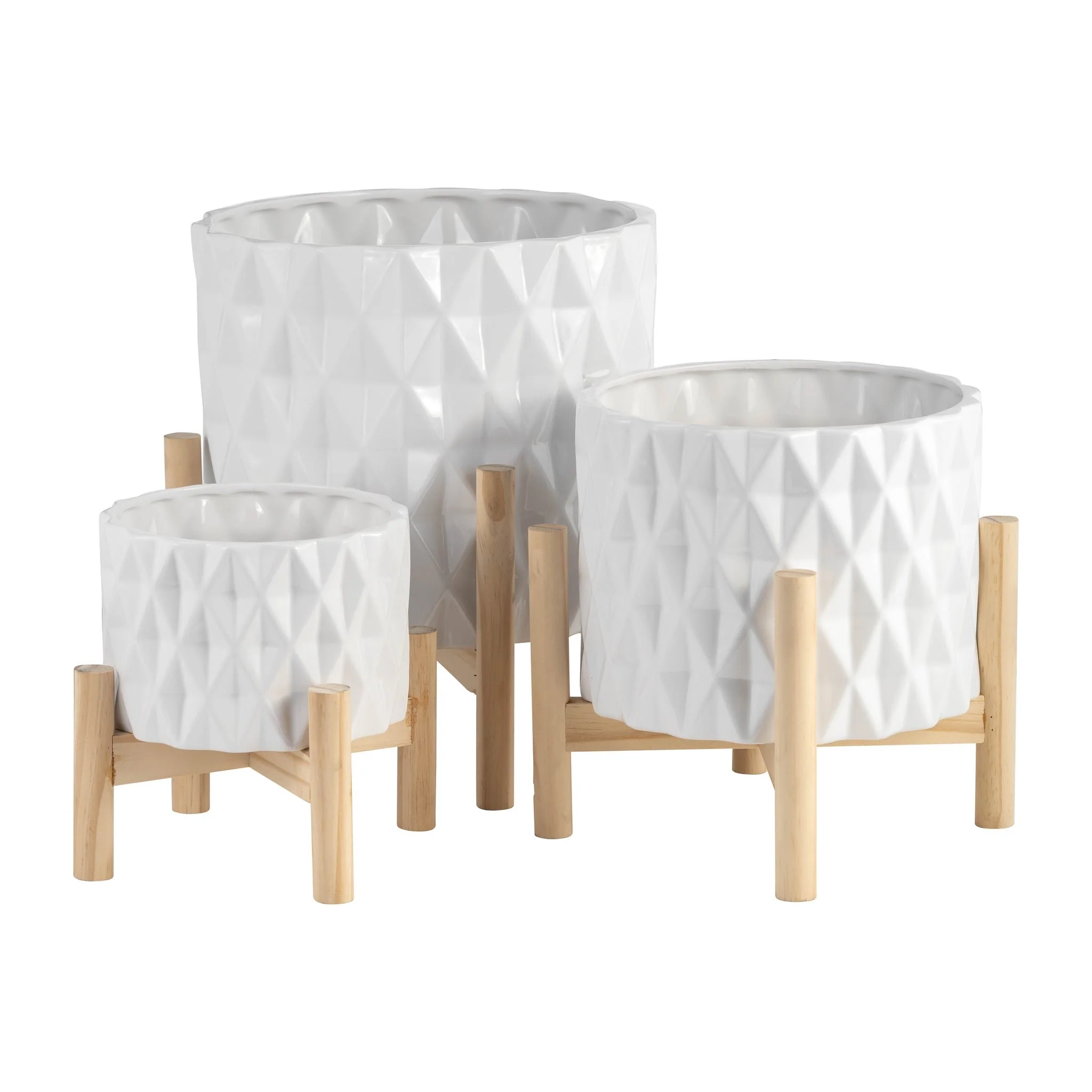 6" Ceramic Diamond Planter W/ Wood Stand, White - Image 8