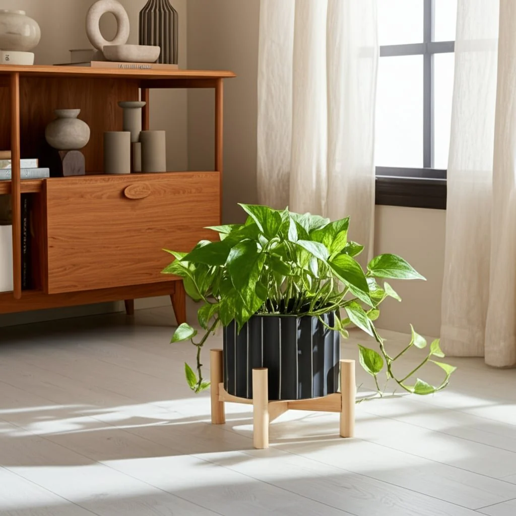 6" Ceramic Fluted Planter W/ Wood Stand, Black - Image 10