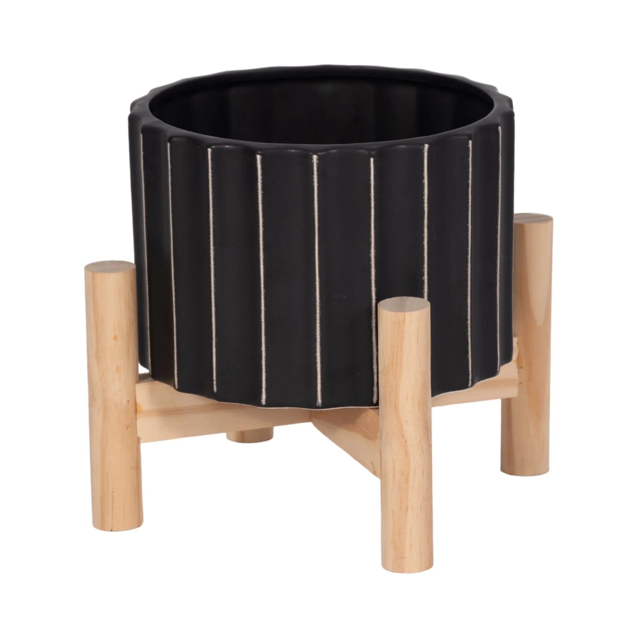 6" Ceramic Fluted Planter W/ Wood Stand, Black - Image 3