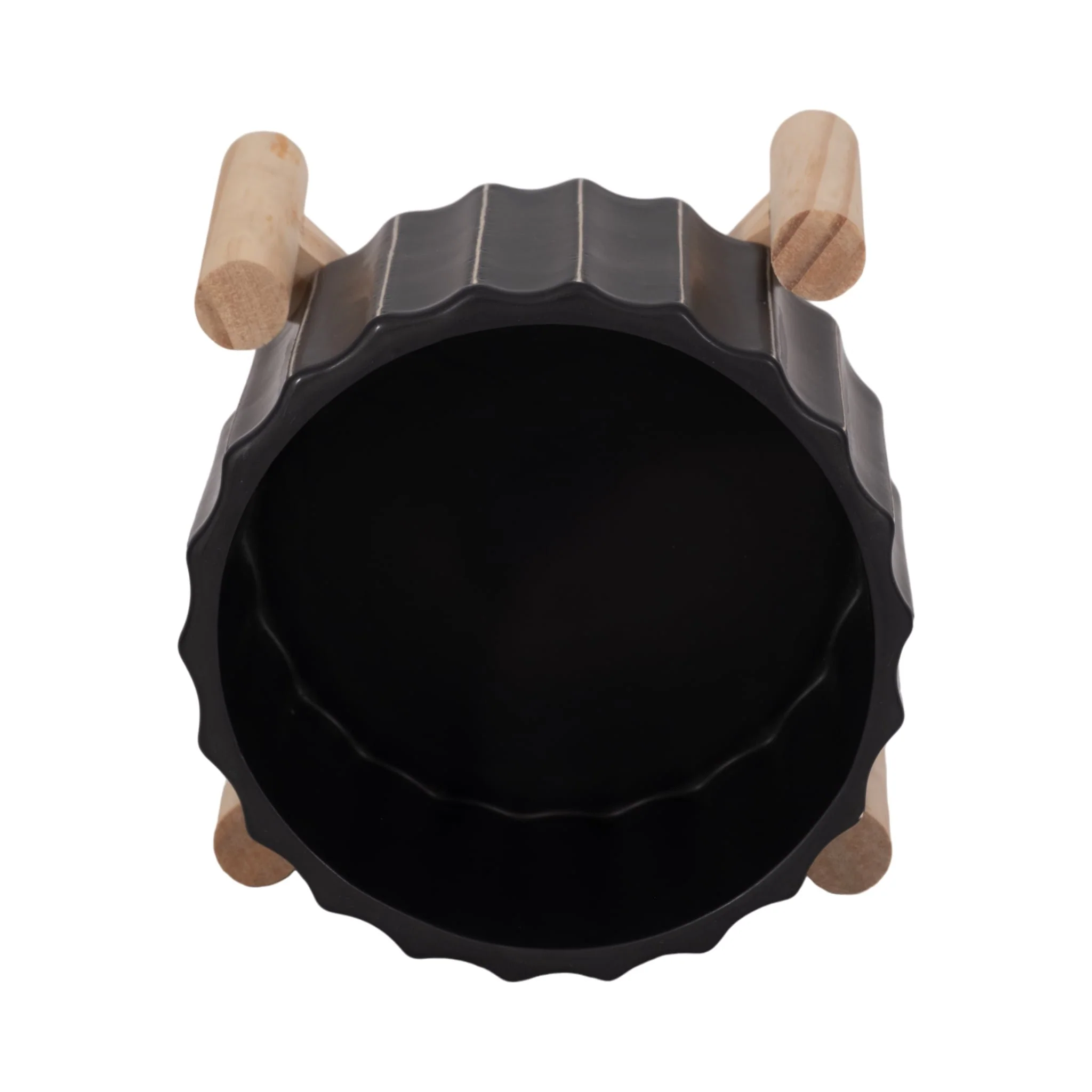 6" Ceramic Fluted Planter W/ Wood Stand, Black - Image 6