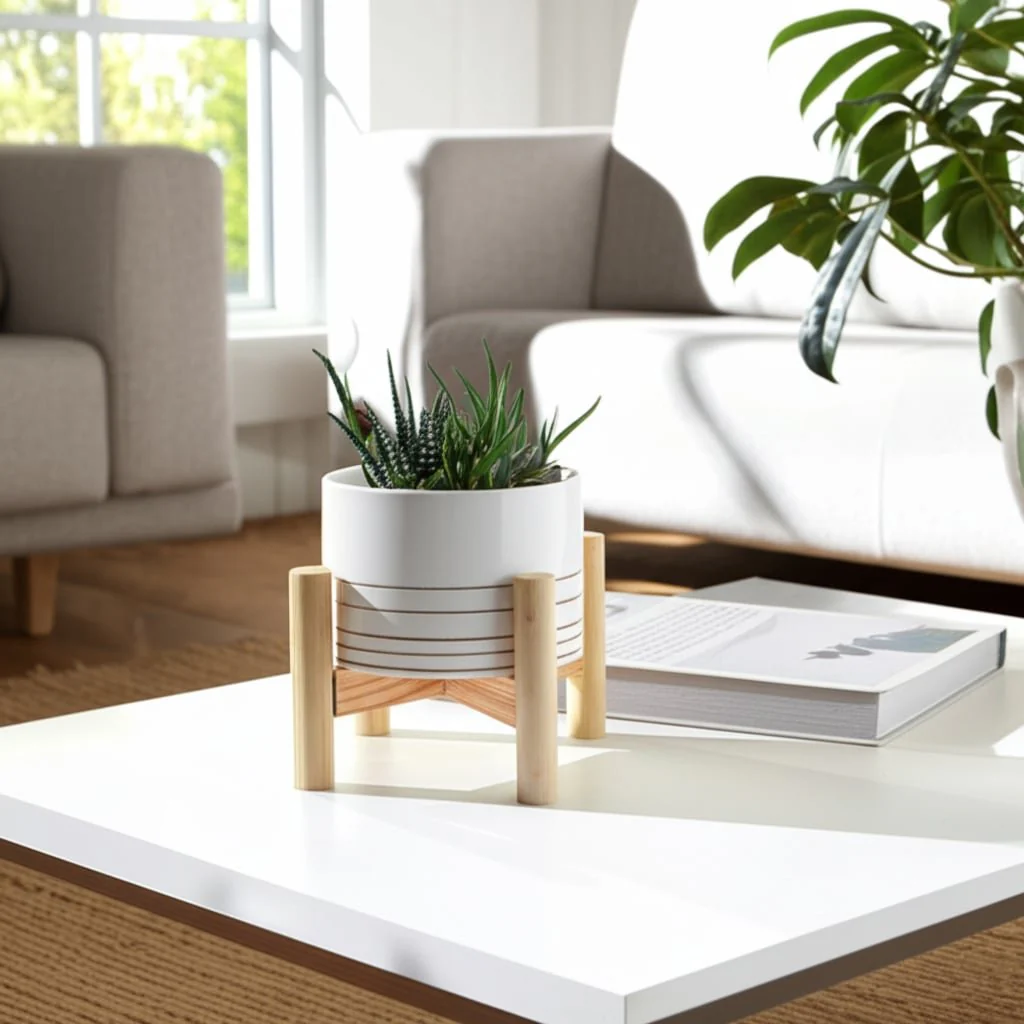 6" Ceramic Metallic Planter W/ Wood Stand, White - Image 11