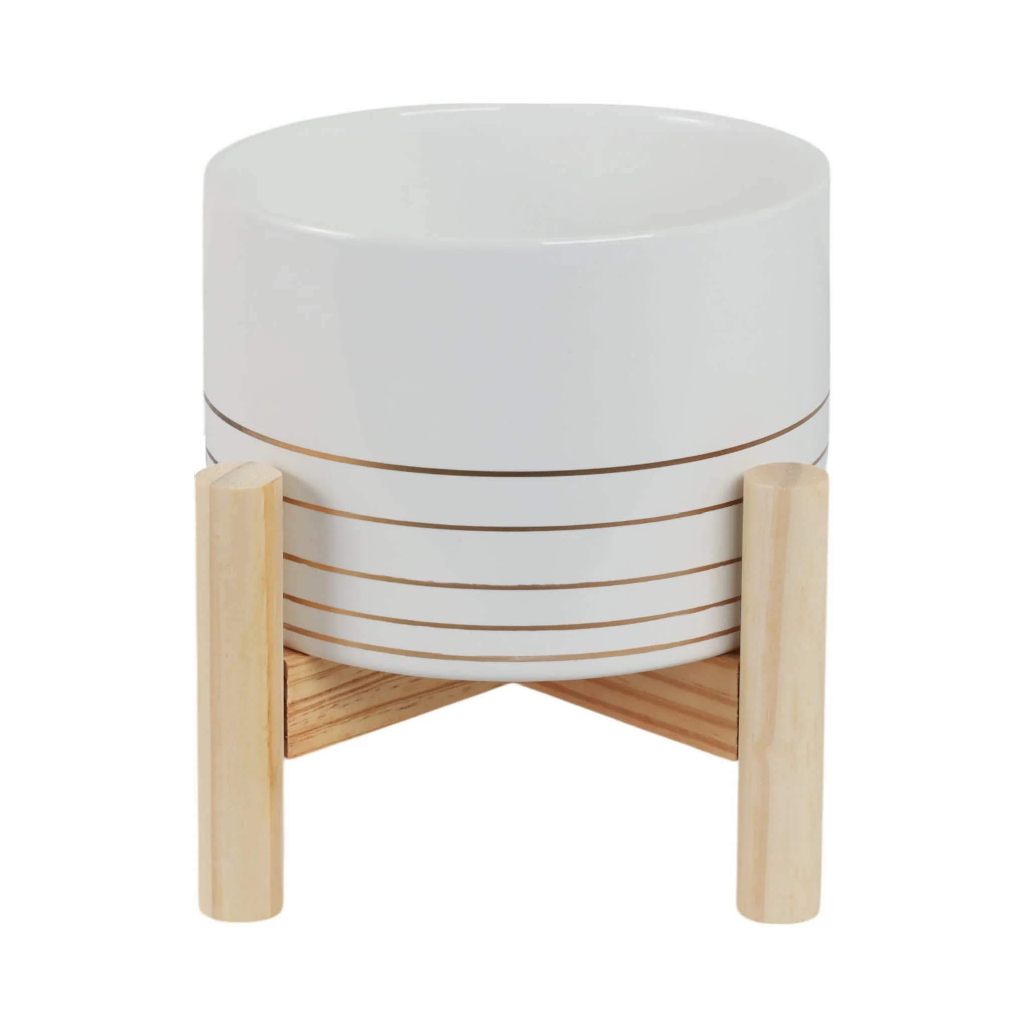 6" Ceramic Metallic Planter W/ Wood Stand, White - Image 3