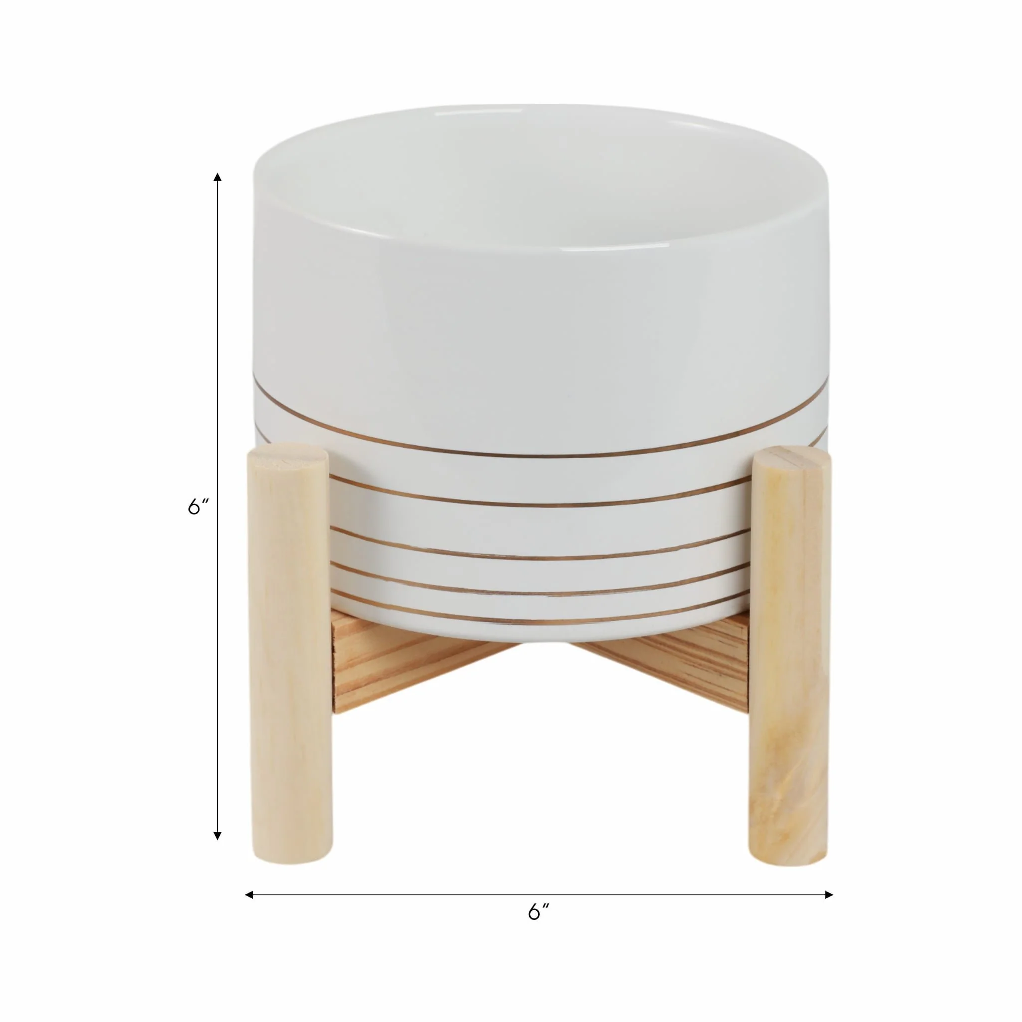 6" Ceramic Metallic Planter W/ Wood Stand, White - Image 9