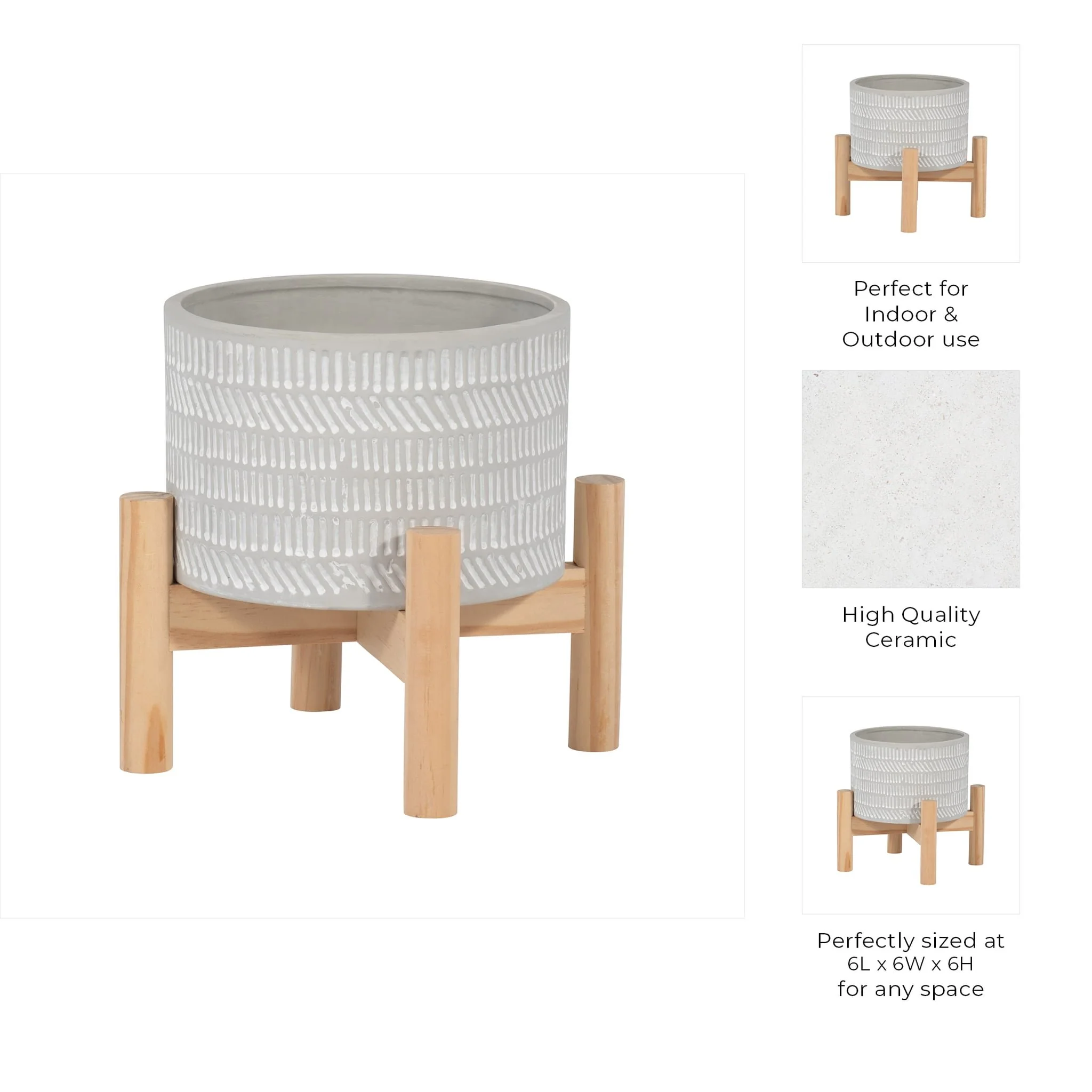 6" Ceramic Tribal Planter W/ Wood Stand, Beige - Image 10