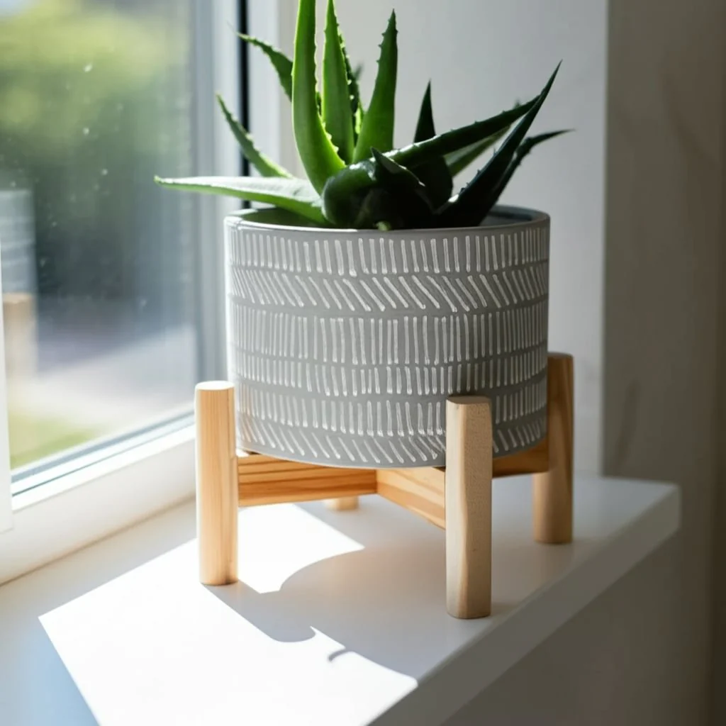 6" Ceramic Tribal Planter W/ Wood Stand, Beige - Image 13