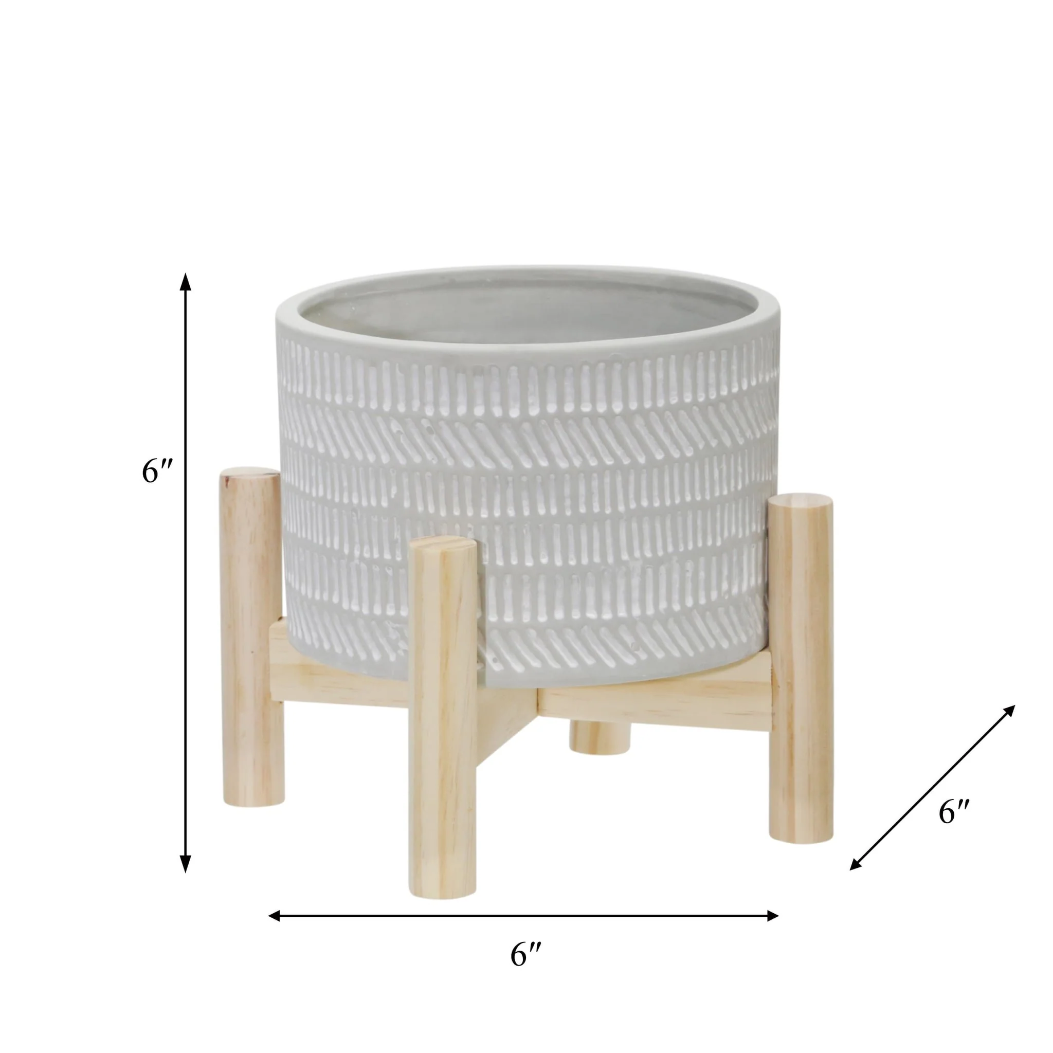 6" Ceramic Tribal Planter W/ Wood Stand, Beige - Image 9