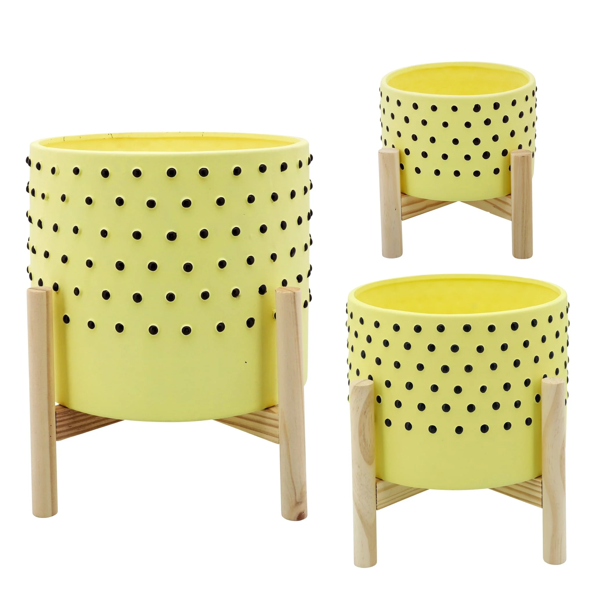 6" Dotted Planter W/ Wood Stand, Yellow - Image 2