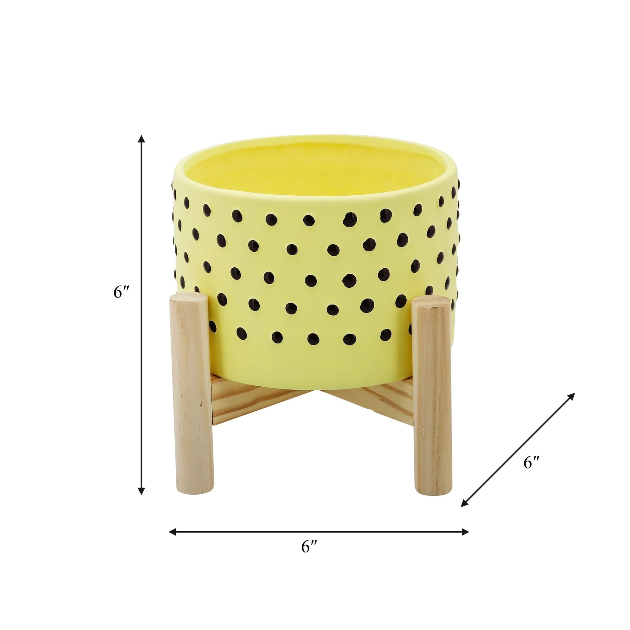 6" Dotted Planter W/ Wood Stand, Yellow - Image 3