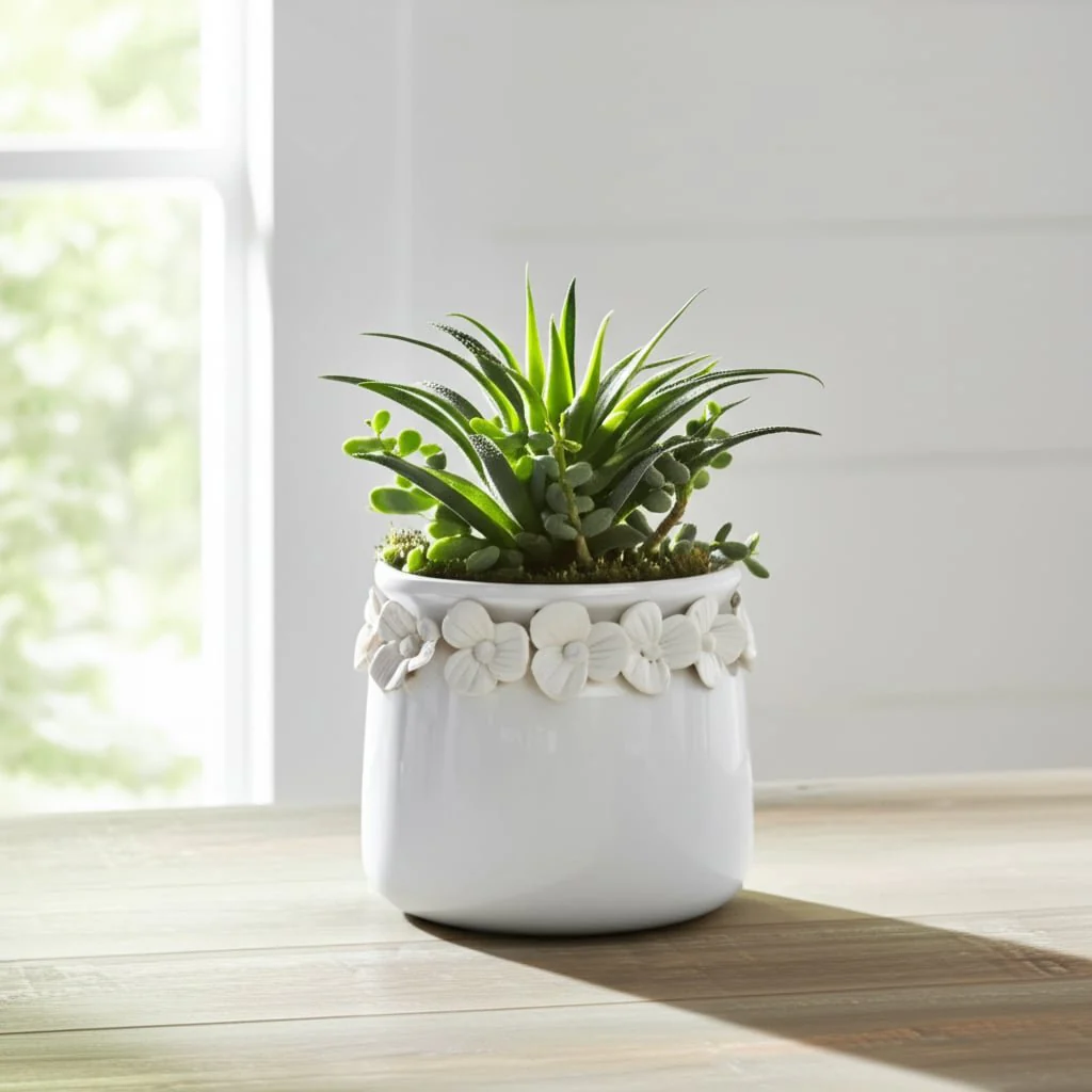 6"  Floral Applique Planter,  White - Image 11