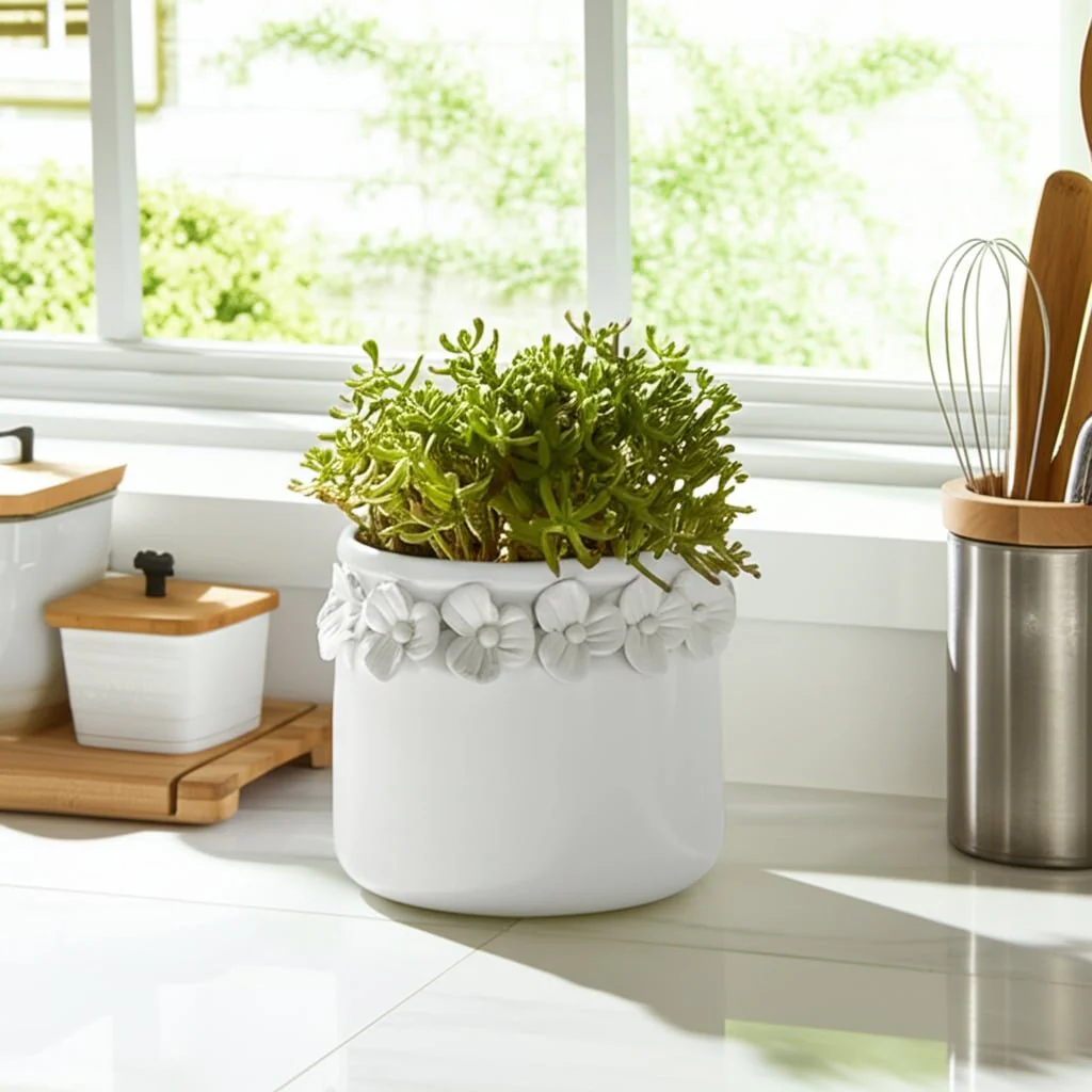 6"  Floral Applique Planter,  White - Image 12