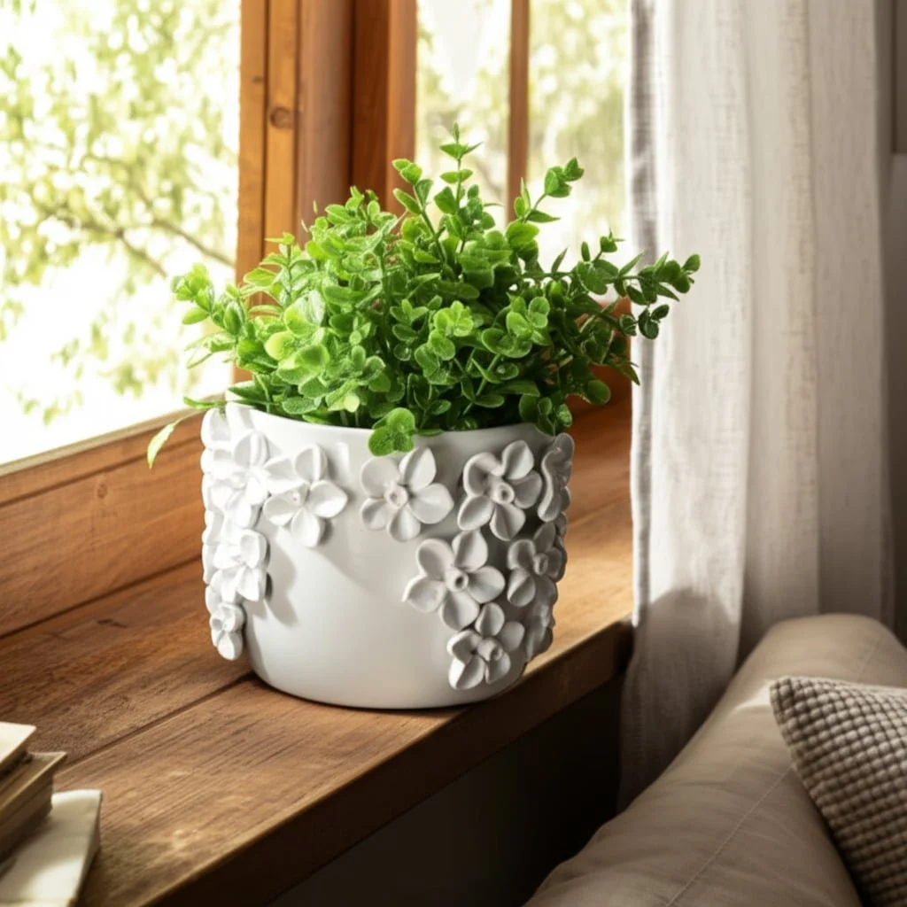 6" Floral Applique Planter, White - Image 11