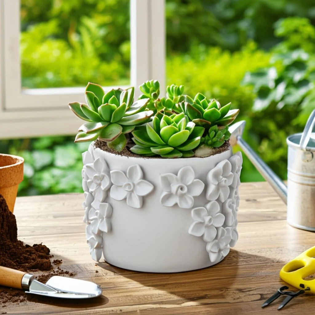 6" Floral Applique Planter, White - Image 12