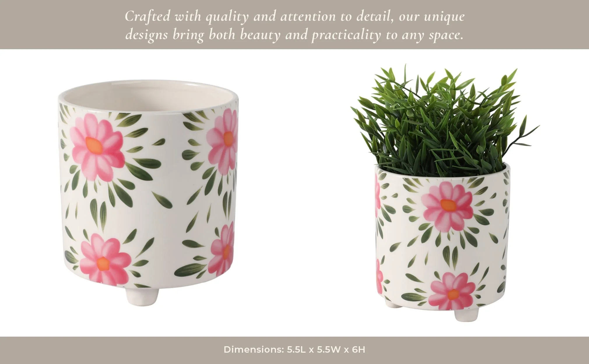 6" Footed Hand Painted Pink Flower Planter, Multi - Image 11