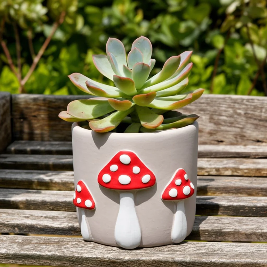 6" Magic Mushroom Applique Planter, Red/white - Image 10