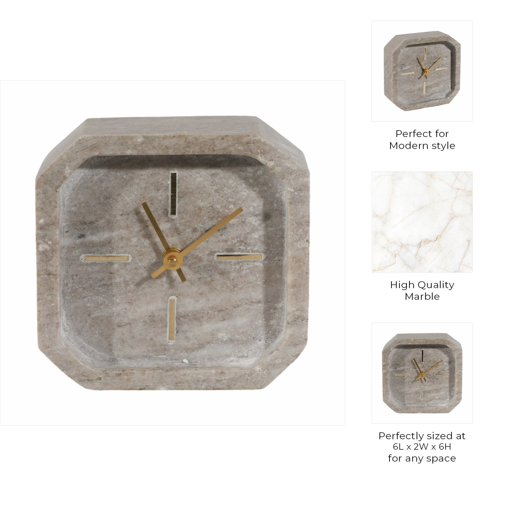 6" Marble Octagon Clock, Bwn/gld - Image 9